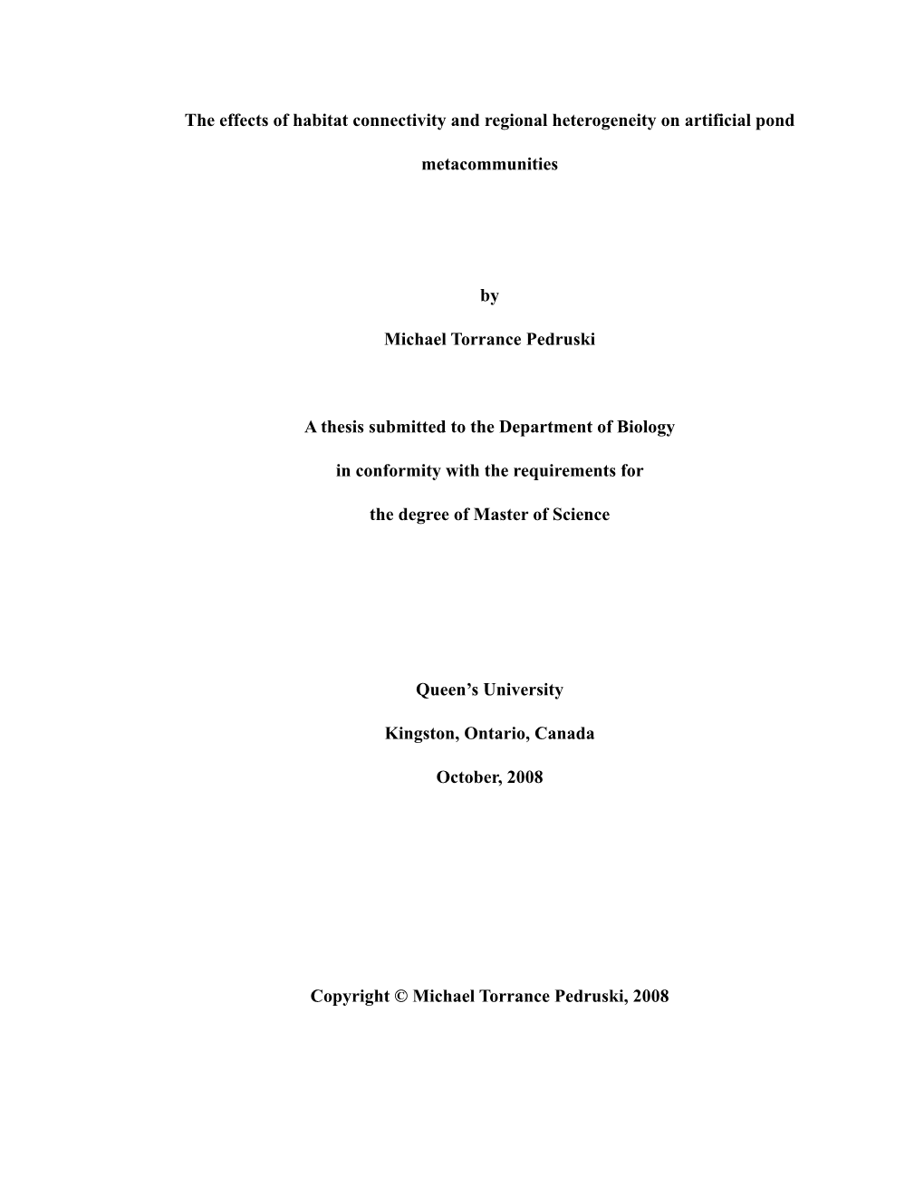 Thesis Submitted to the Department of Biology