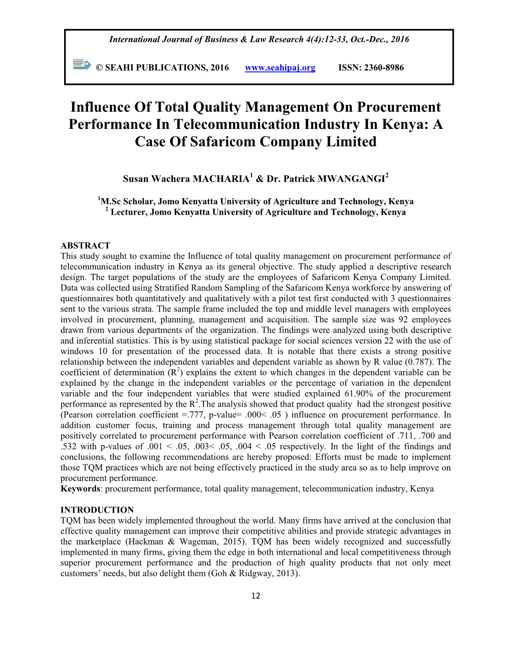 Influence of Total Quality Management on Procurement Performance in Telecommunication Industry in Kenya: a Case of Safaricom Company Limited