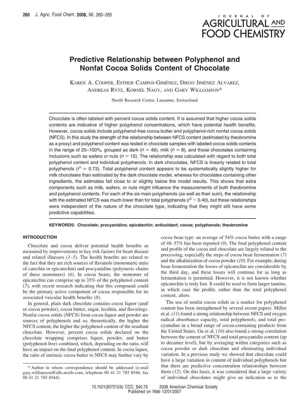 Predictive Relationship Between Polyphenol and Nonfat Cocoa Solids Content of Chocolate