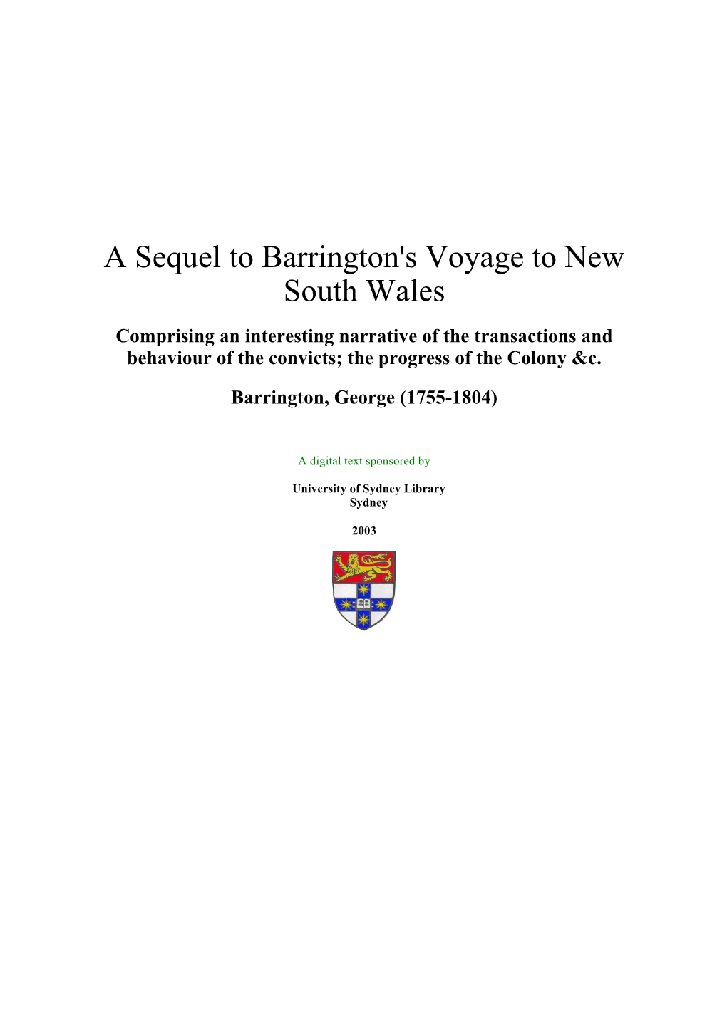 A Sequel to Barrington's Voyage to New South Wales