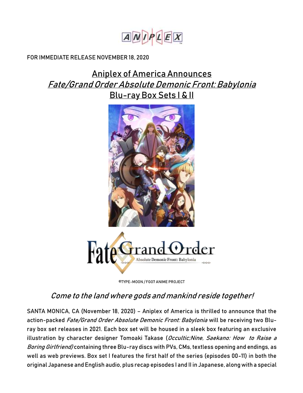 Fate/Grand Order Absolute Demonic Front: Babylonia Blu-Ray Box Sets I & II