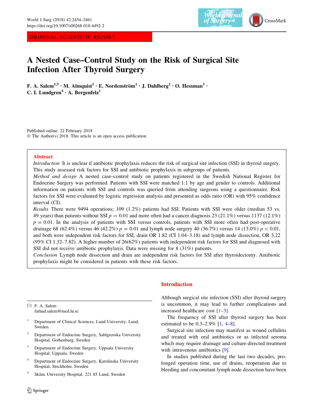 A Nested Case–Control Study on the Risk of Surgical Site Infection After Thyroid Surgery