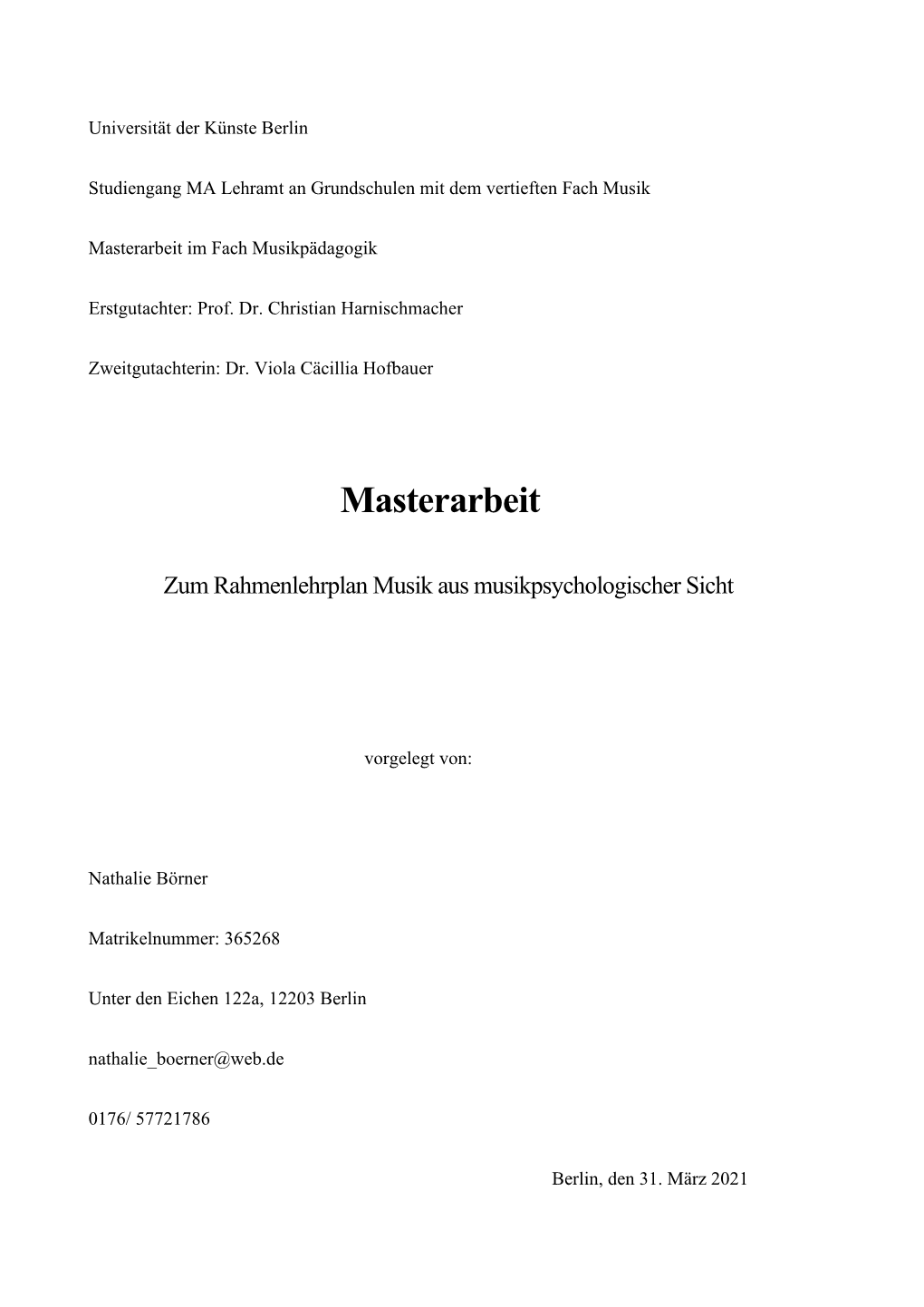 Masterarbeit Im Fach Musikpädagogik