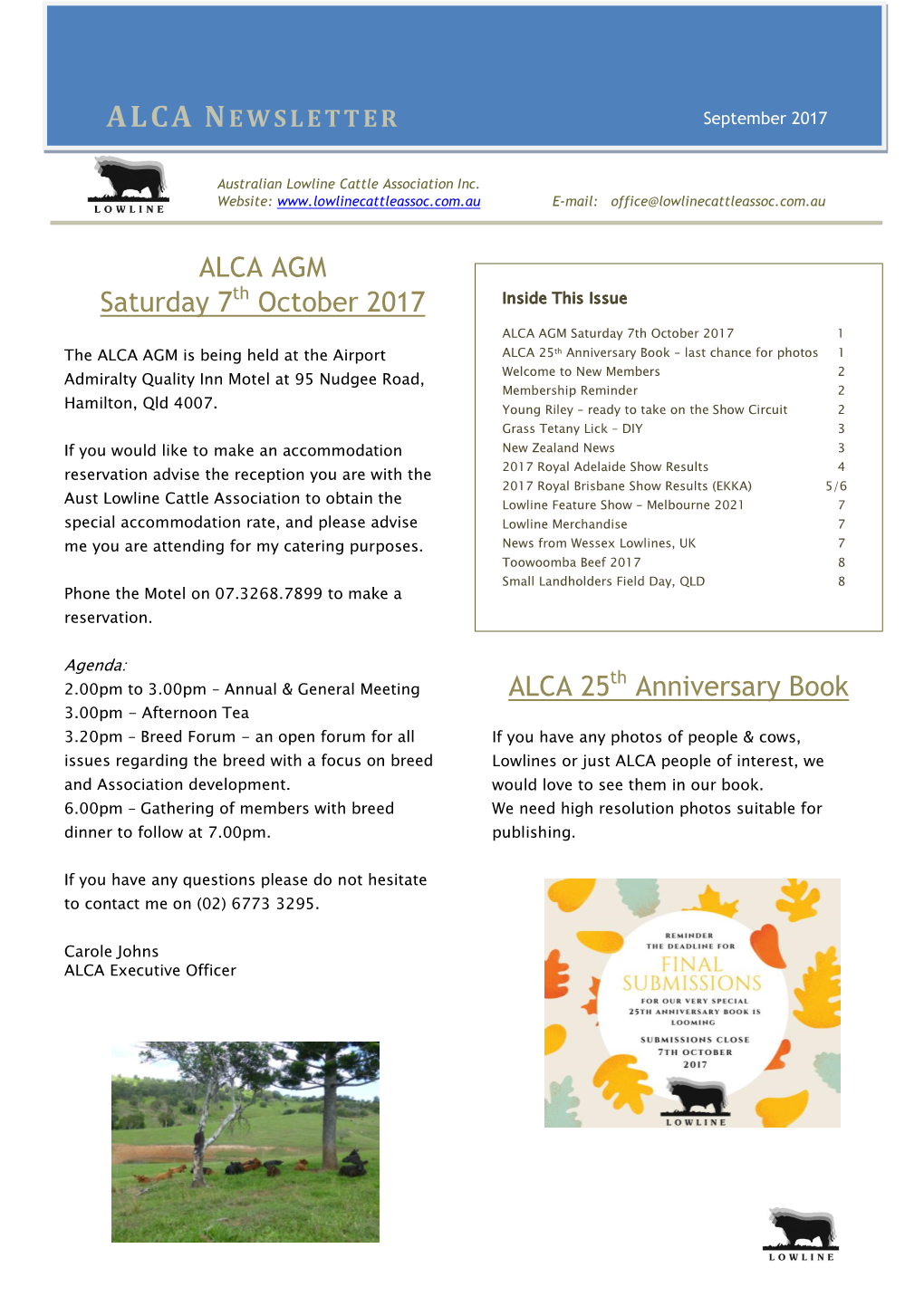 ALCA AGM Saturday 7Th October 2017 ALCA 25Th Anniversary Book