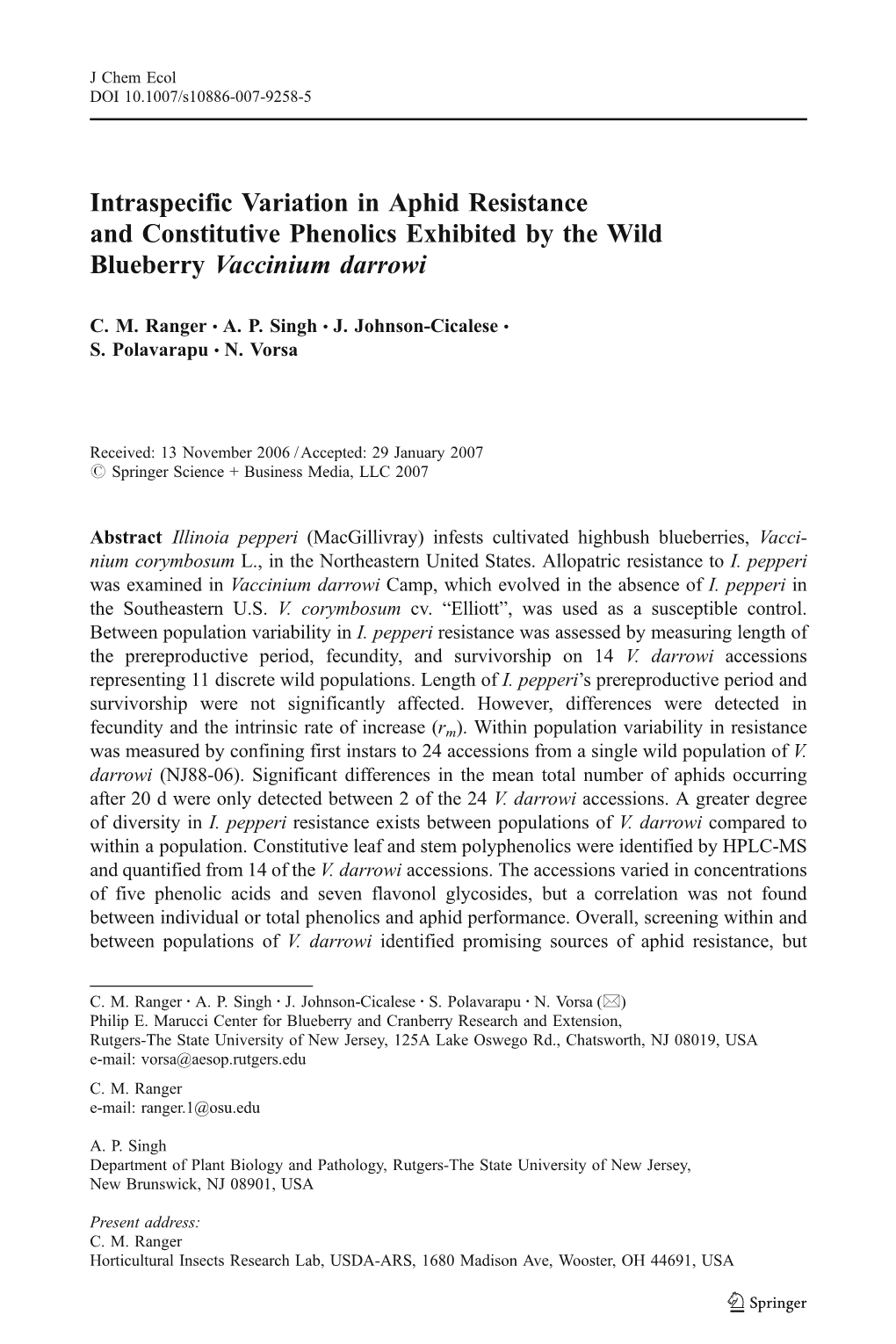 Intraspecific Variation in Aphid Resistance and Constitutive Phenolics Exhibited by the Wild Blueberry Vaccinium Darrowi