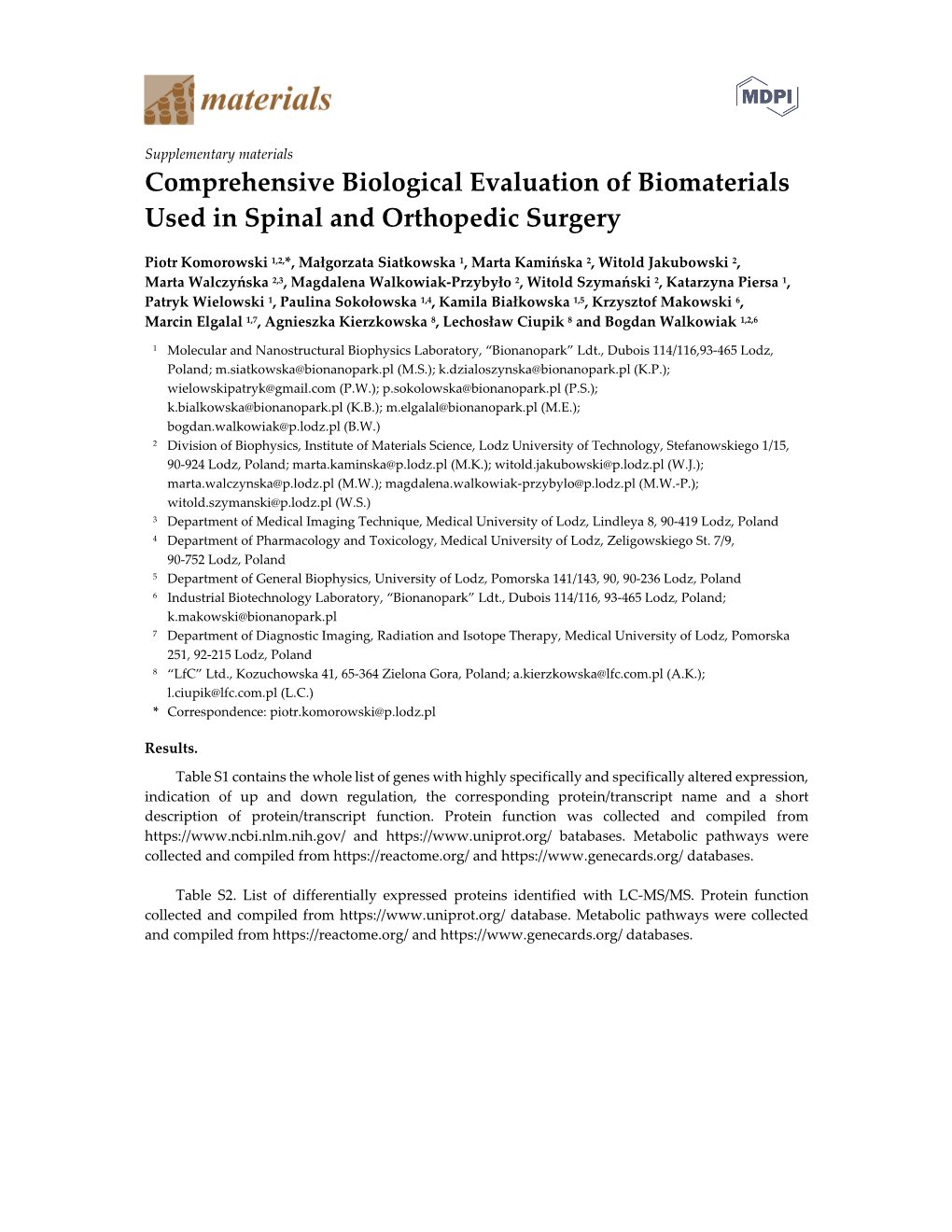 Comprehensive Biological Evaluation of Biomaterials Used in Spinal and Orthopedic Surgery