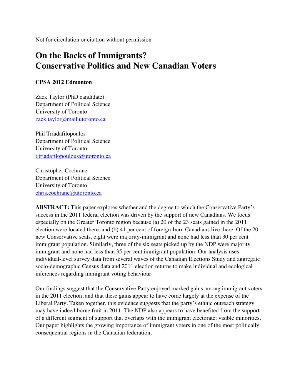 On the Backs of Immigrants? Conservative Politics and New Canadian Voters