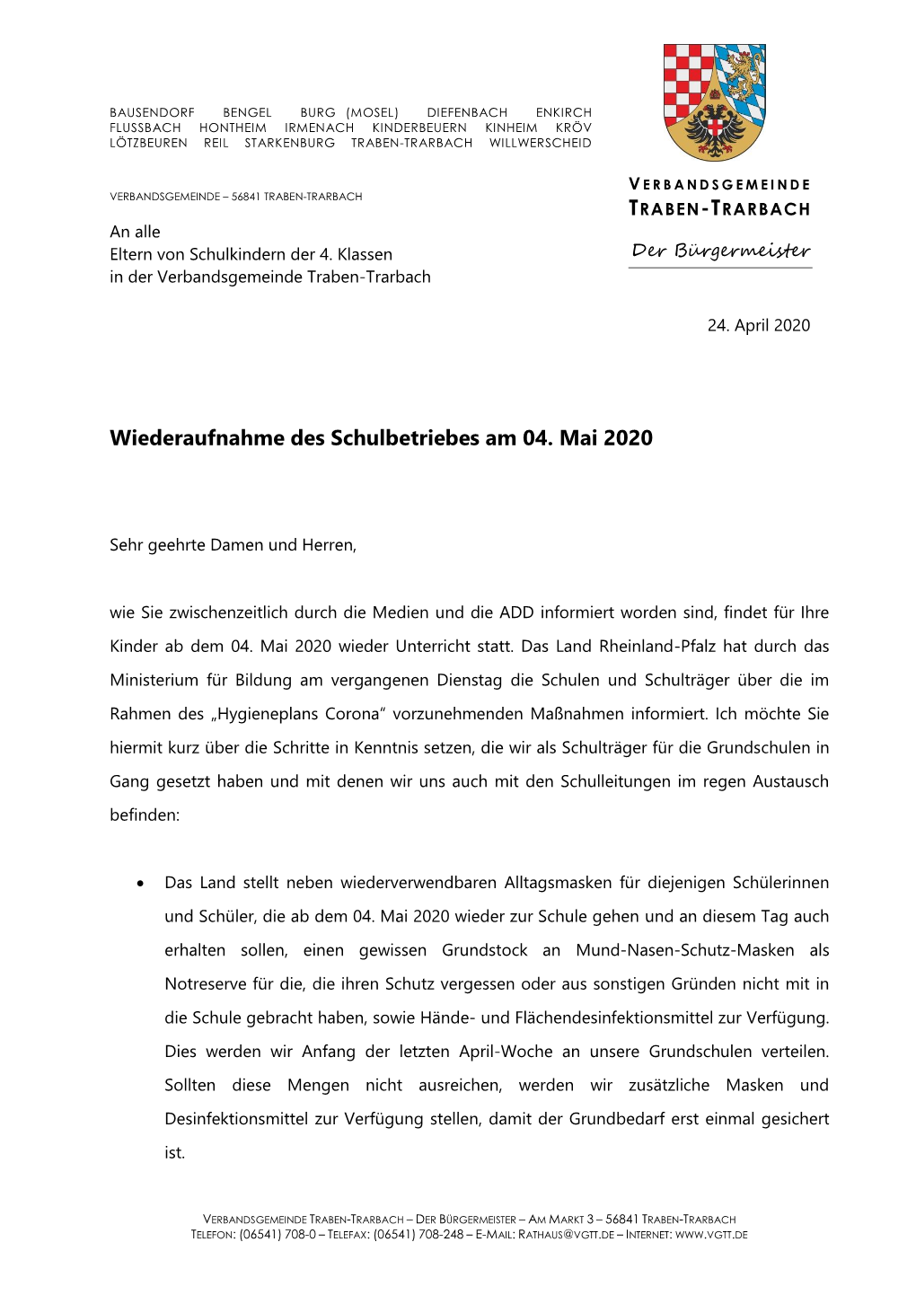 Wiederaufnahme Des Schulbetriebes Am 04. Mai 2020