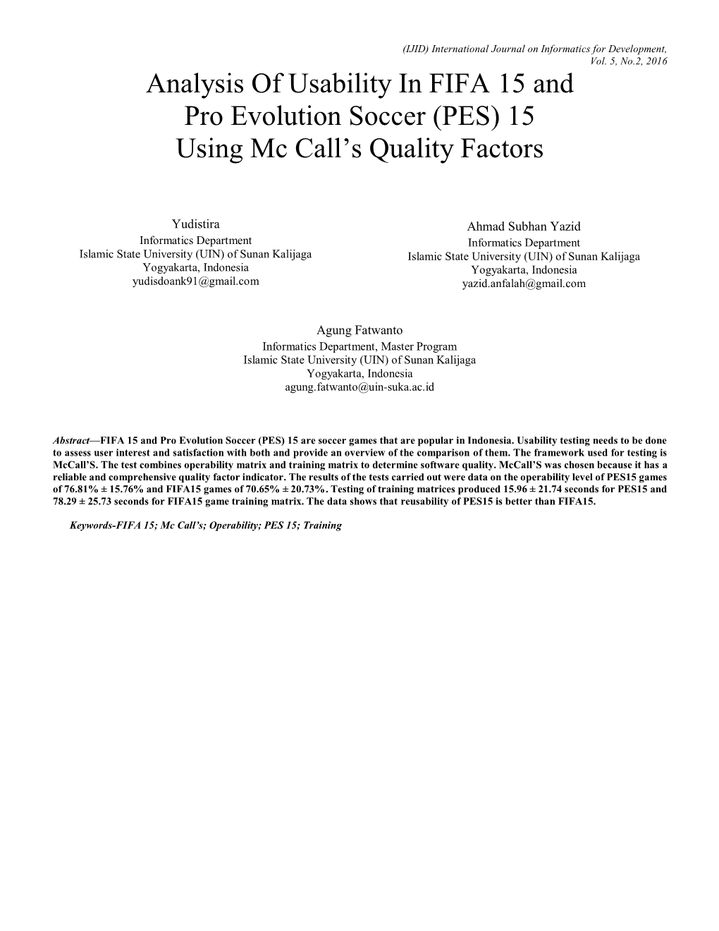 Analysis of Usability in FIFA 15 and Pro Evolution Soccer (PES) 15 Using Mc Call’S Quality Factors