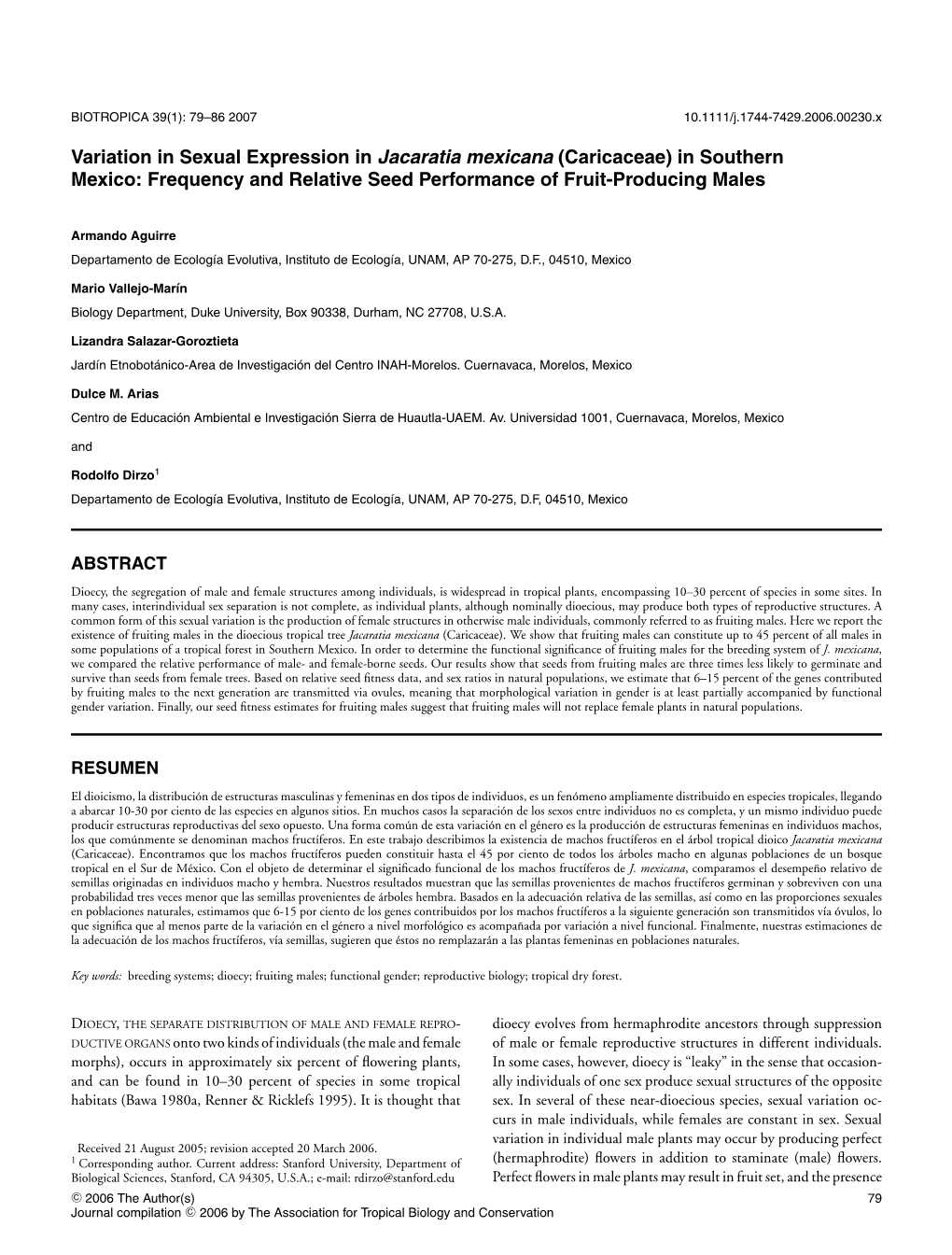 Variation in Sexual Expression in Jacaratia Mexicana (Caricaceae) in Southern Mexico: Frequency and Relative Seed Performance of Fruit-Producing Males