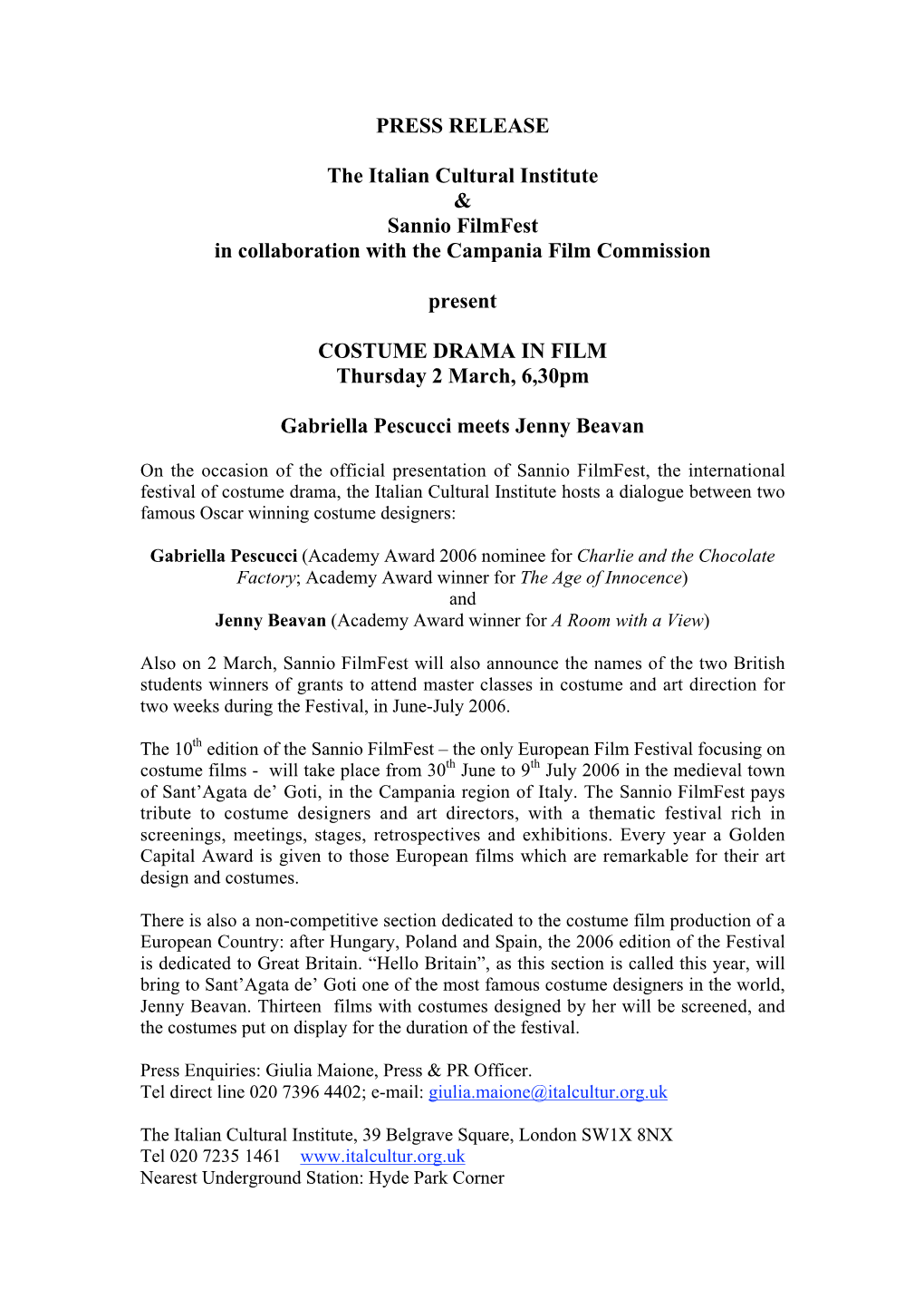 PRESS RELEASE the Italian Cultural Institute & Sannio Filmfest In