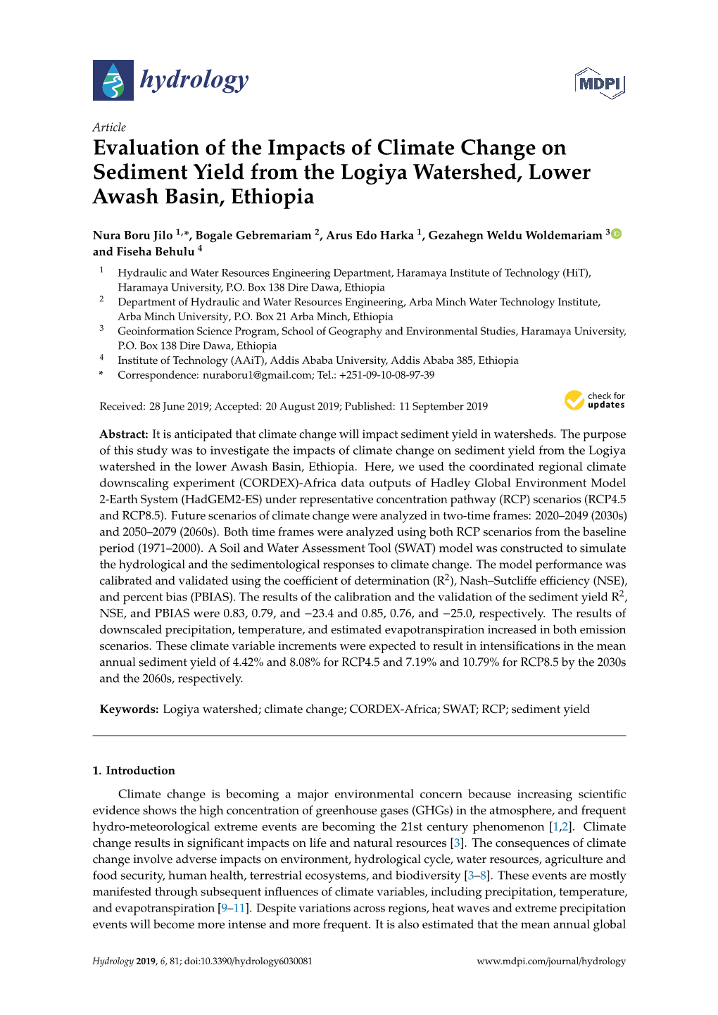 Evaluation of the Impacts of Climate Change on Sediment Yield from the Logiya Watershed, Lower Awash Basin, Ethiopia