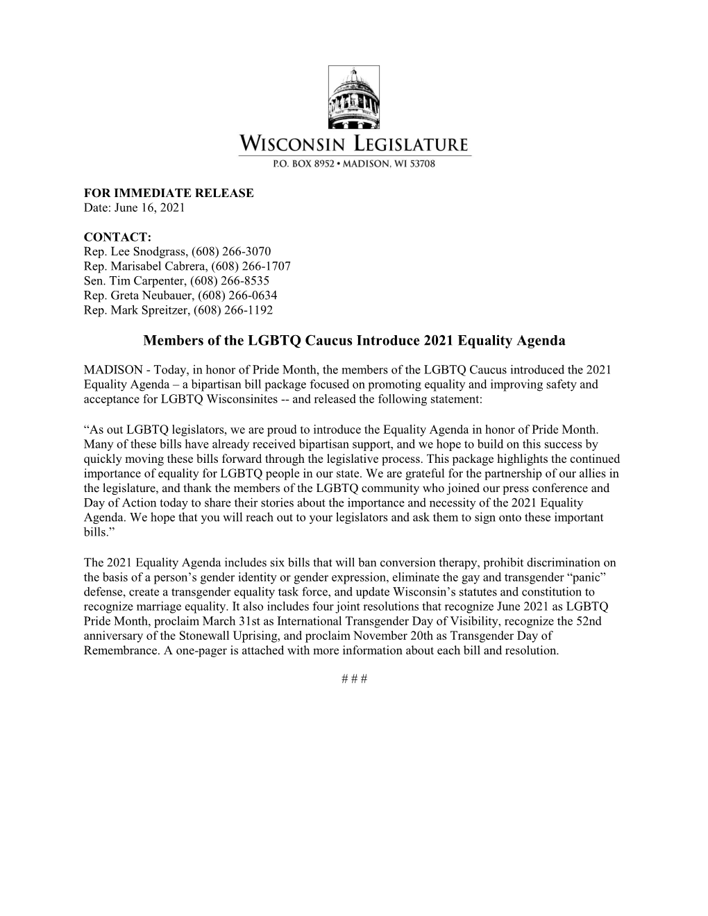 LGBTQ Caucus: Introduces 2021 Equality Agenda