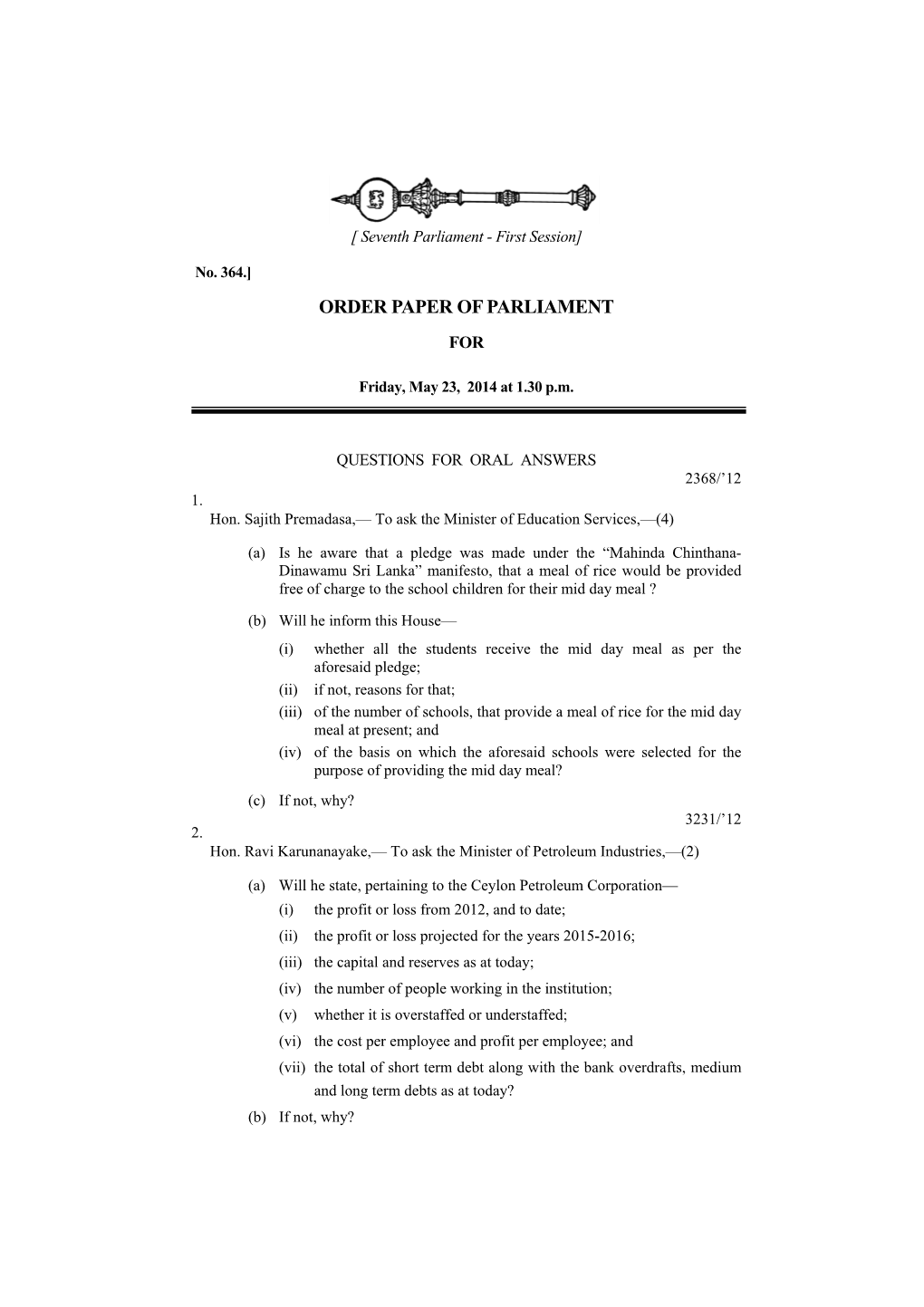 Order Paper of Parliament