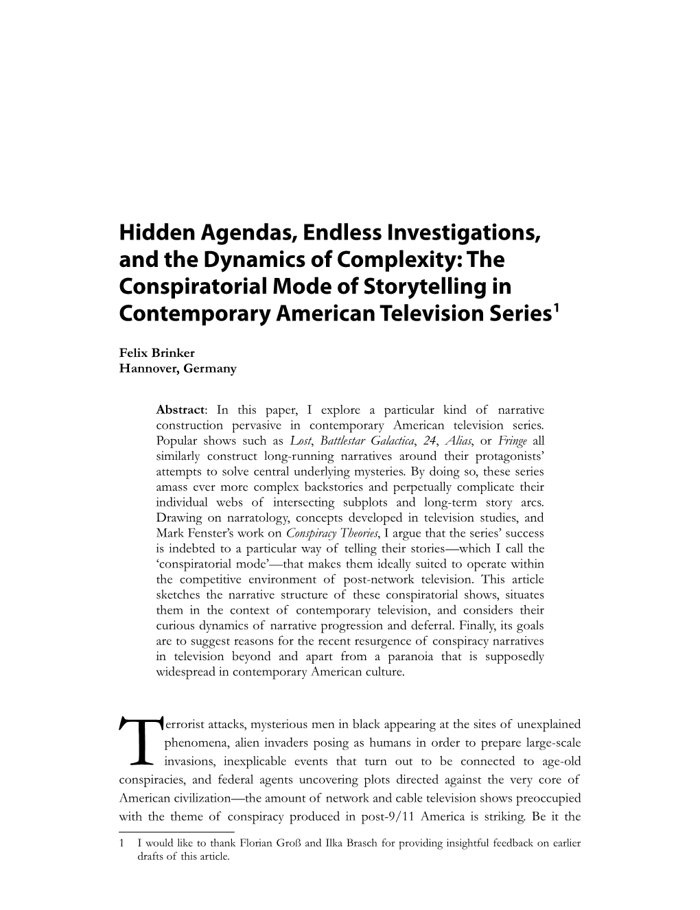 The Conspiratorial Mode of Storytelling in Contemporary American Television Series1