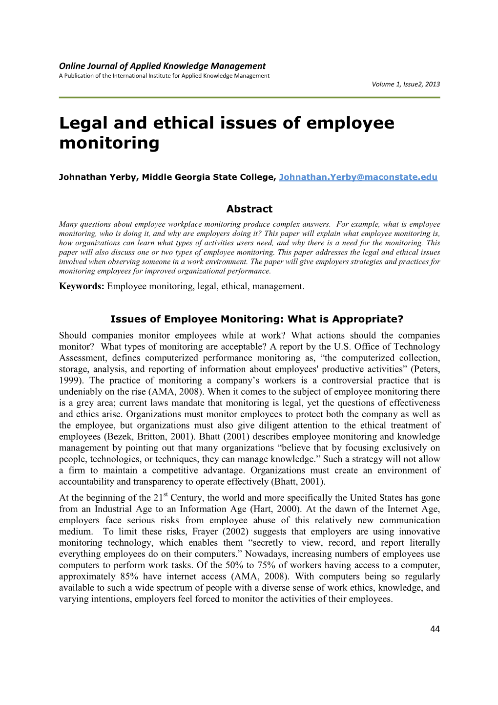 Legal and Ethical Issues of Employee Monitoring