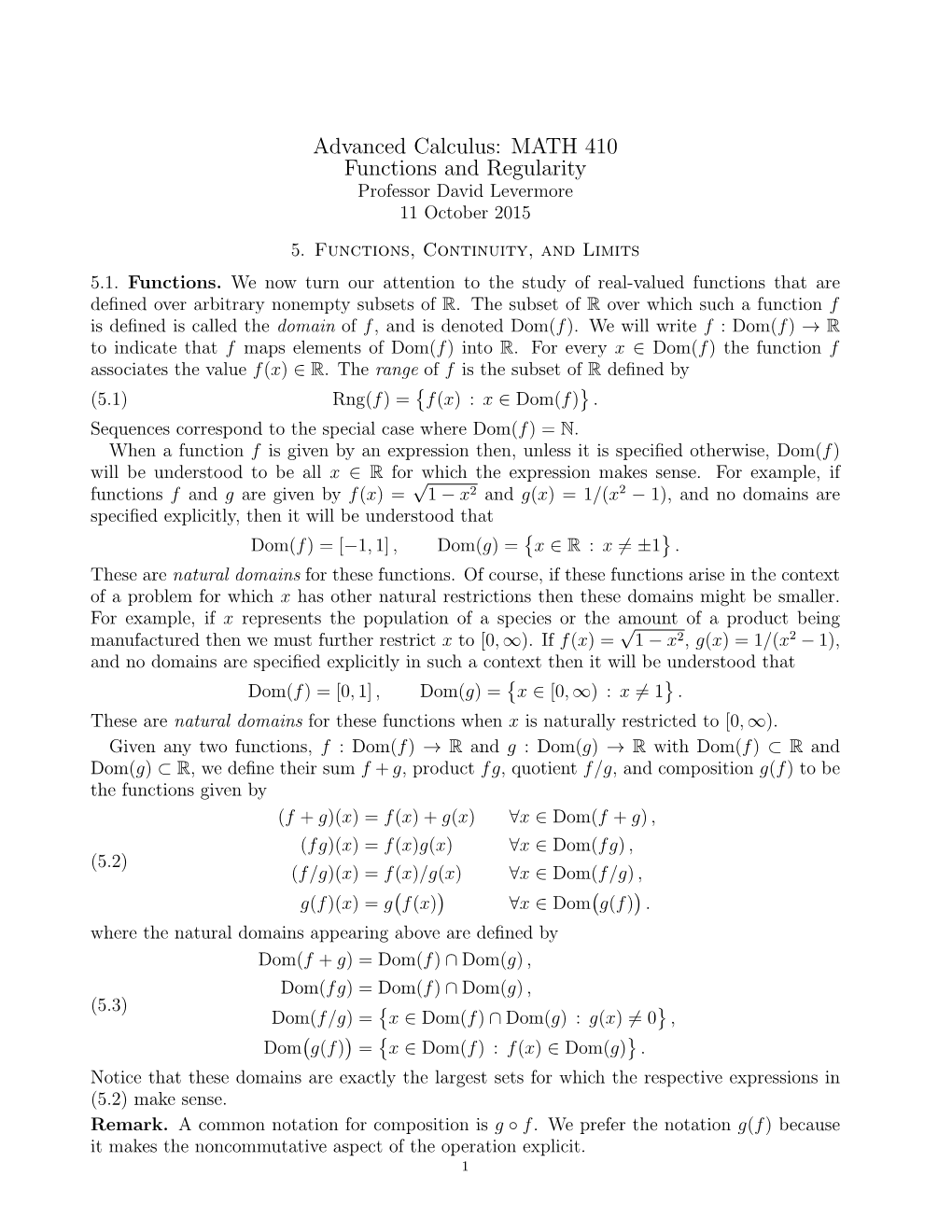 Advanced Calculus: MATH 410 Functions and Regularity Professor David Levermore 11 October 2015