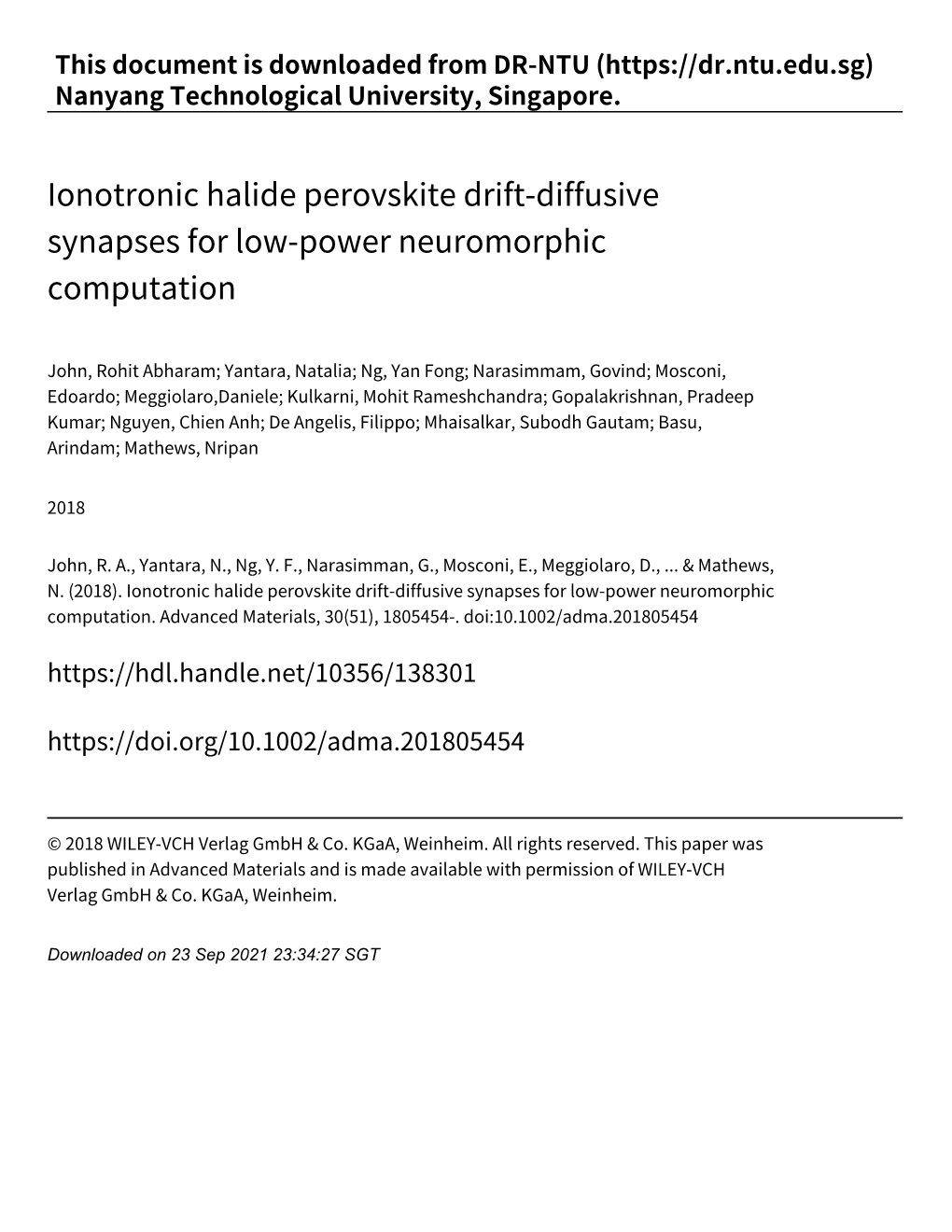 Ionotronic Halide Perovskite Drift‑Diffusive Synapses for Low‑Power Neuromorphic Computation