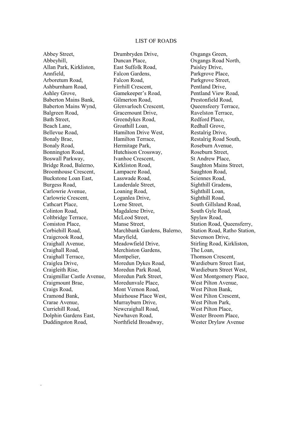 LIST of ROADS Abbey Street, Abbeyhill, Allan Park, Kirkliston