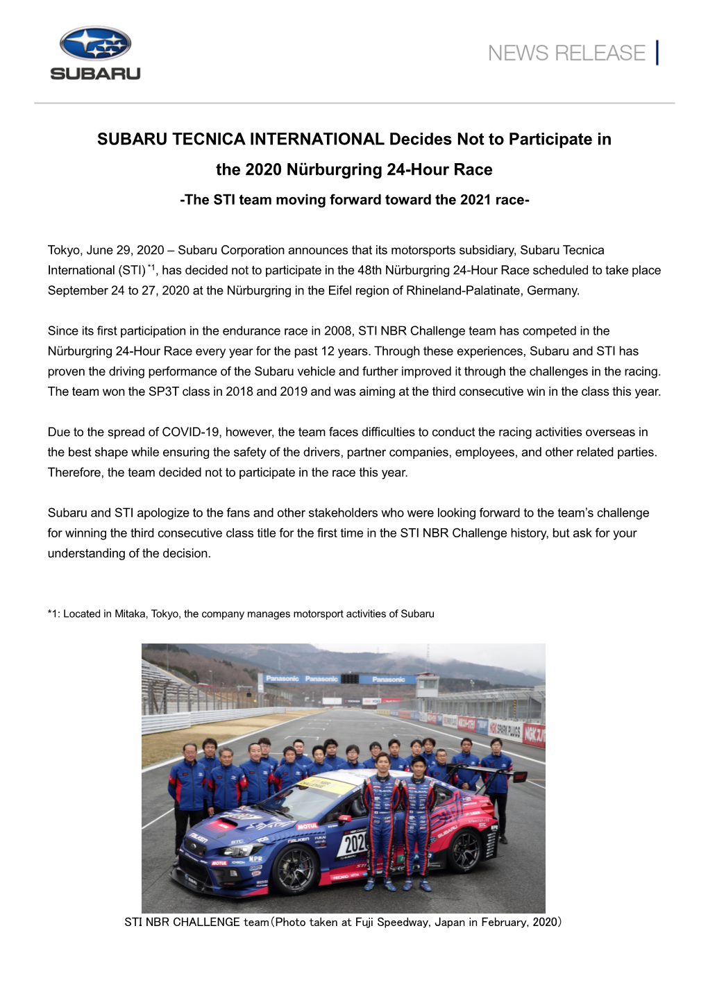 SUBARU TECNICA INTERNATIONAL Decides Not to Participate in the 2020 Nürburgring 24-Hour Race -The STI Team Moving Forward Toward the 2021 Race