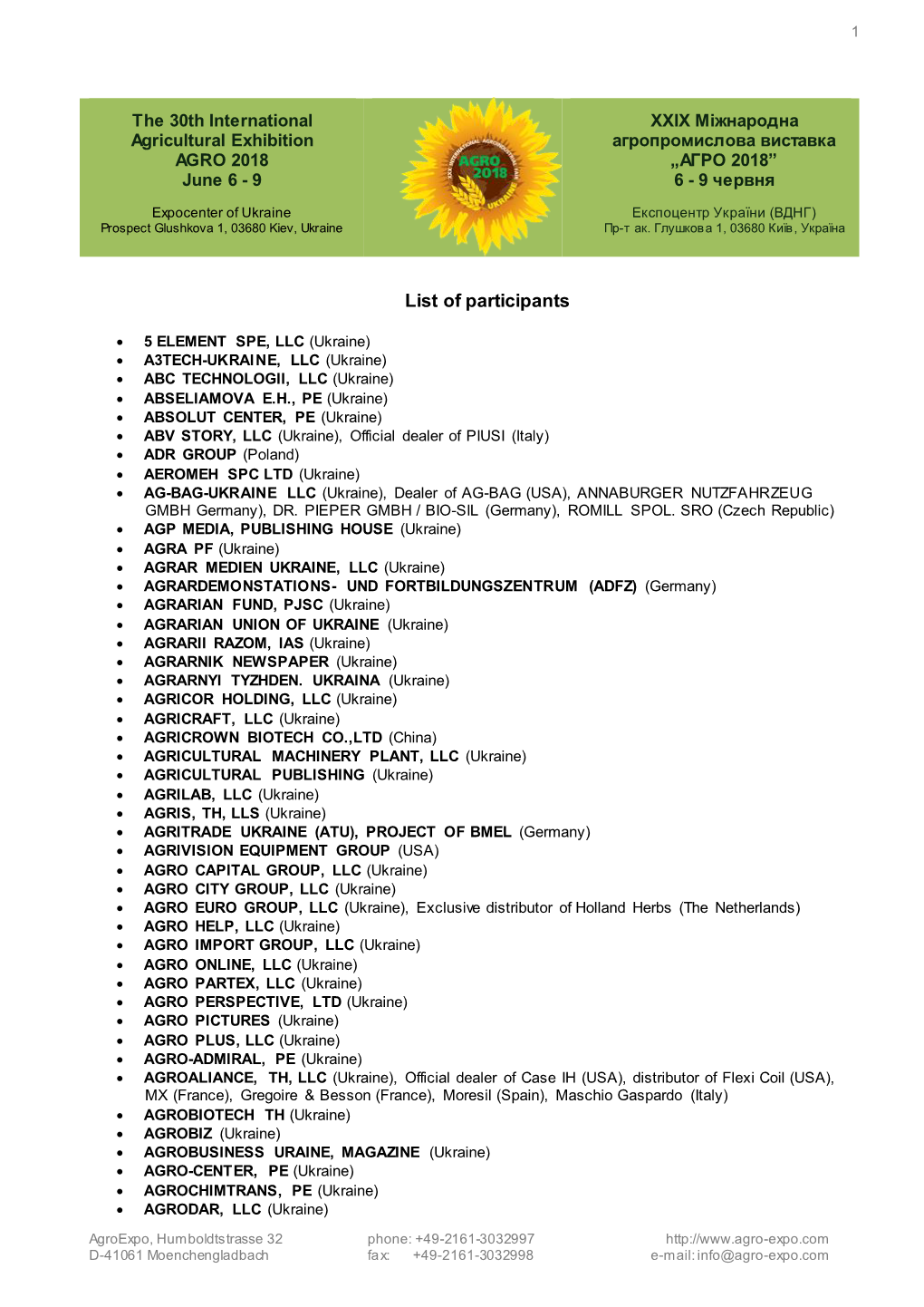 Participants List of AGRO 2018