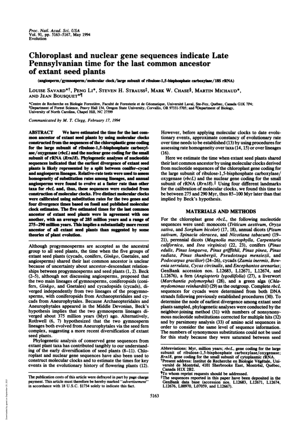 Chloroplast and Nuclear Gene Sequences Indicatelate