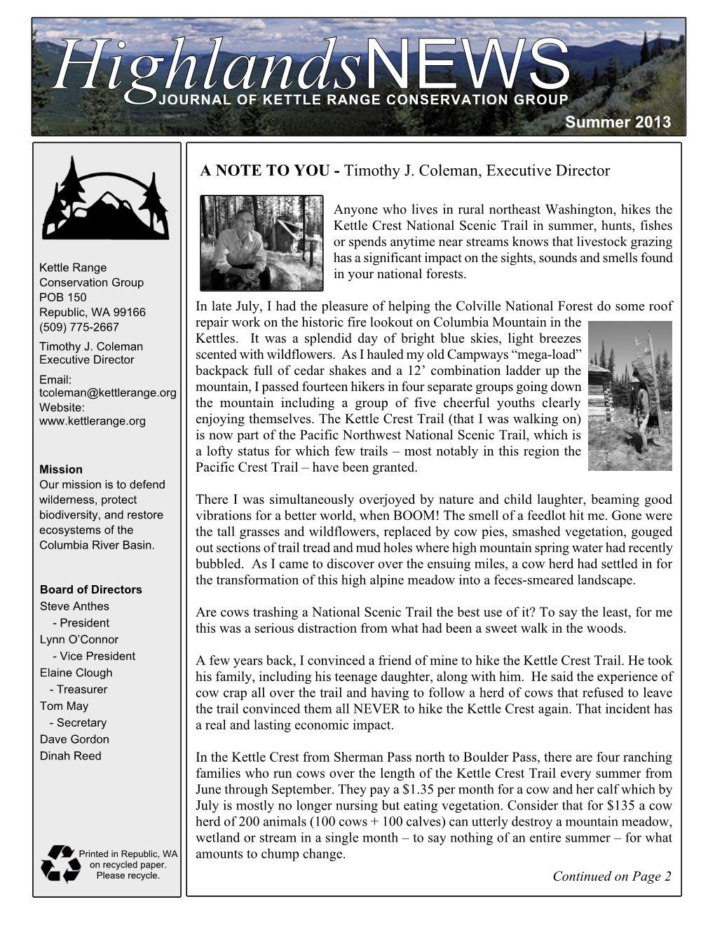 Highlandsnews JOURNAL of KETTLE RANGE CONSERVATION GROUP Summer 2013