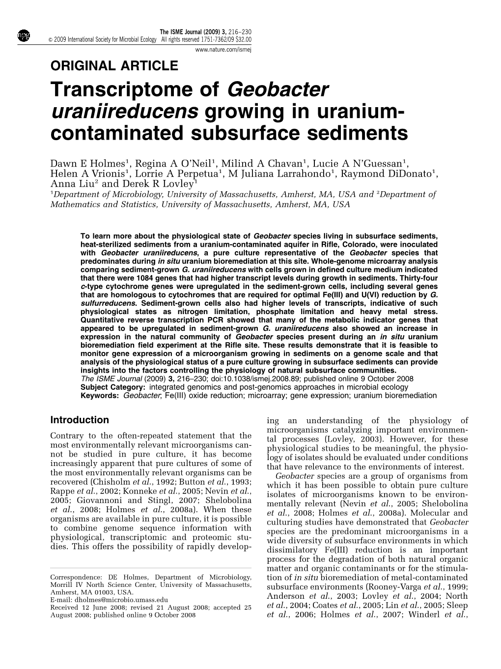 Transcriptome of Geobacter Uraniireducens Growing in Uranium- Contaminated Subsurface Sediments