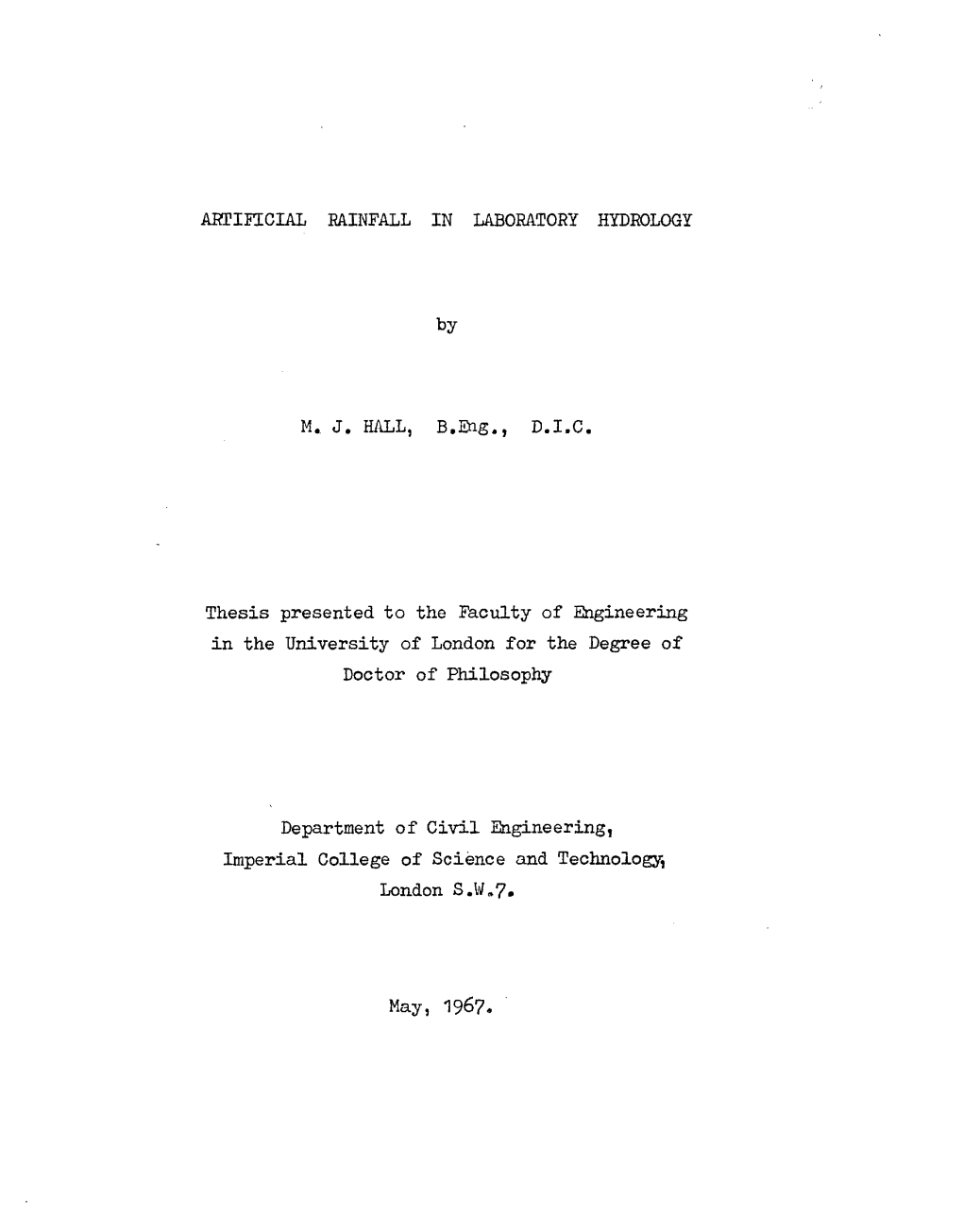 ARTIFICIAL RAINFALL in LABORATORY HYDROLOGY By