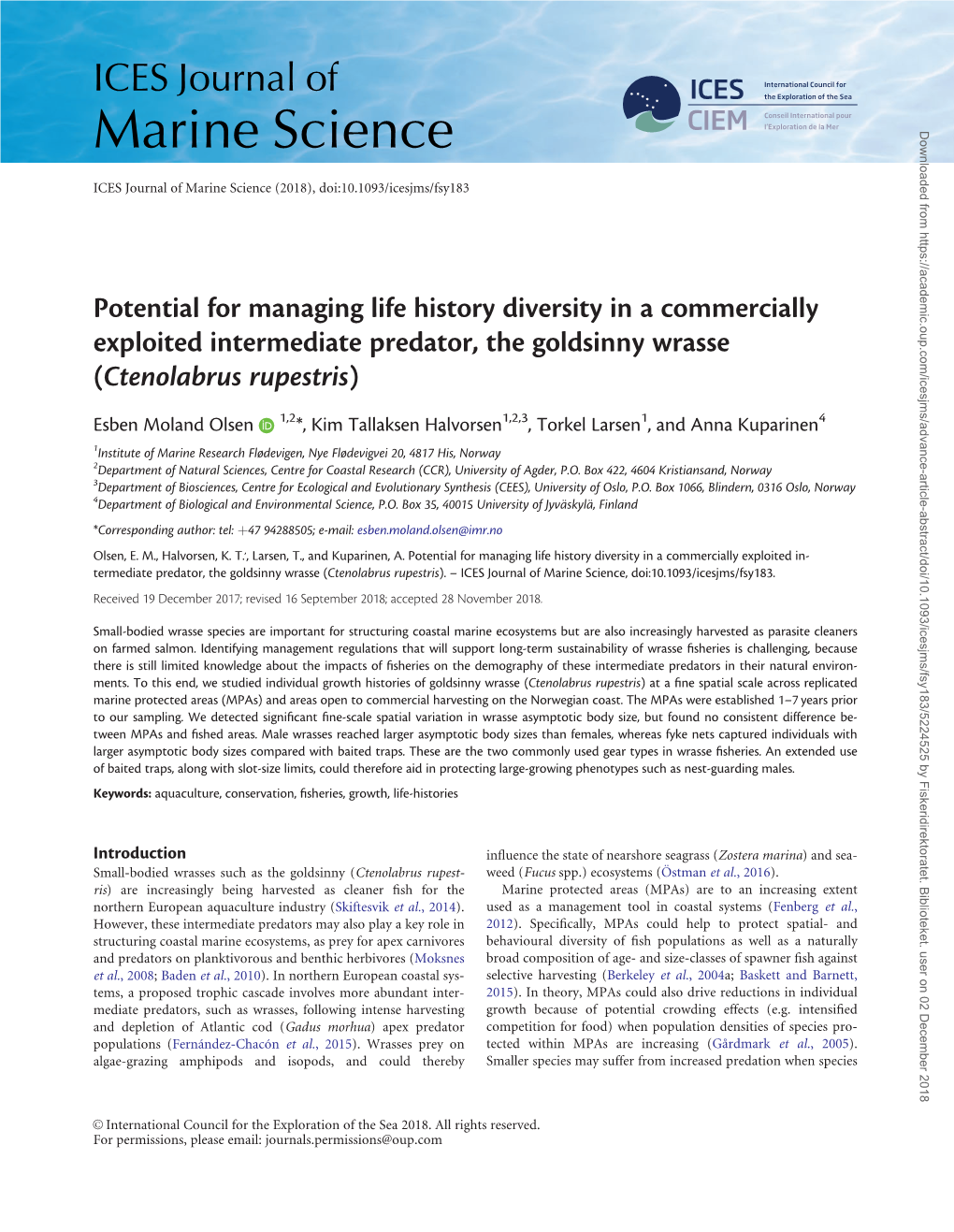 Potential for Managing Life History Diversity in a Commercially Exploited Intermediate Predator, the Goldsinny Wrasse (Ctenolabrus Rupestris)