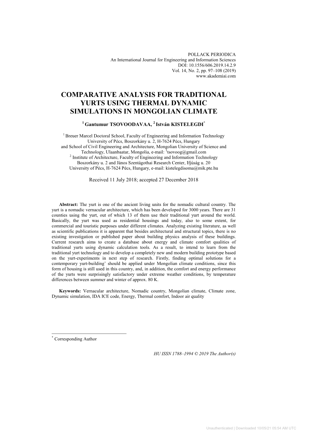 Comparative Analysis for Traditional Yurts Using Thermal Dynamic Simulations in Mongolian Climate