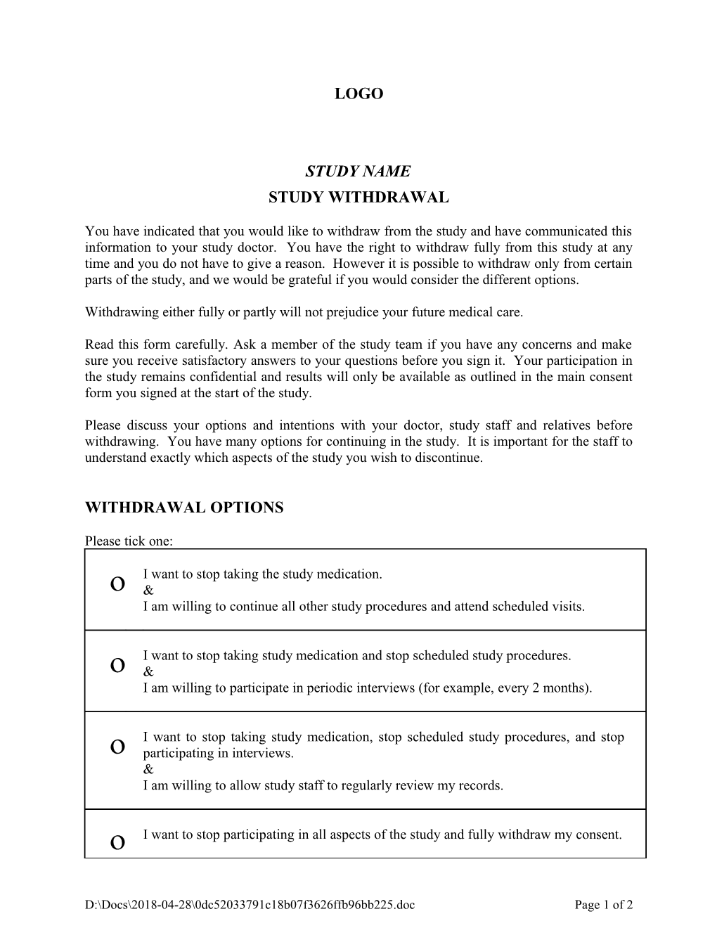 Participant Withdrawal Form