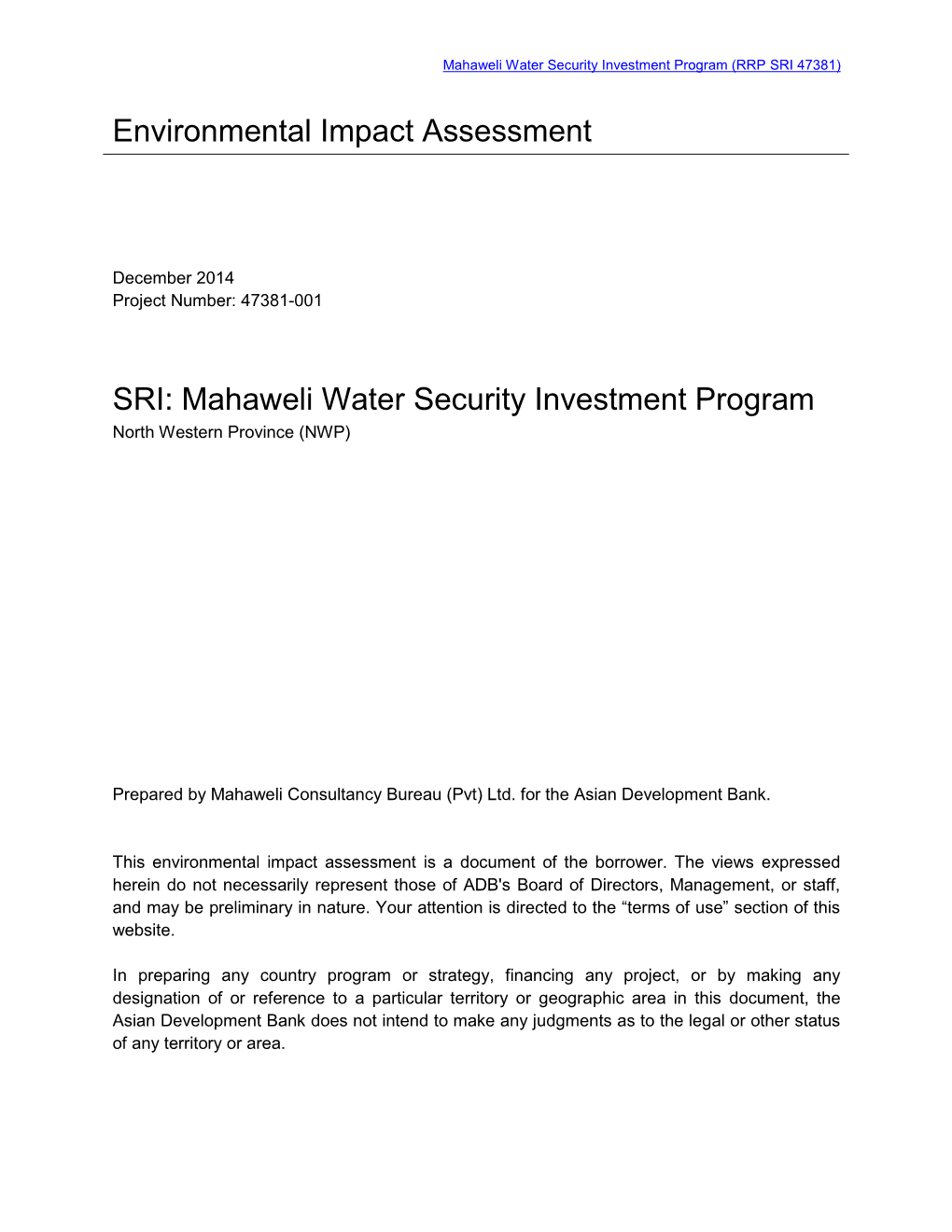 Environmental Impact Assessment: North Western Province Canal Project