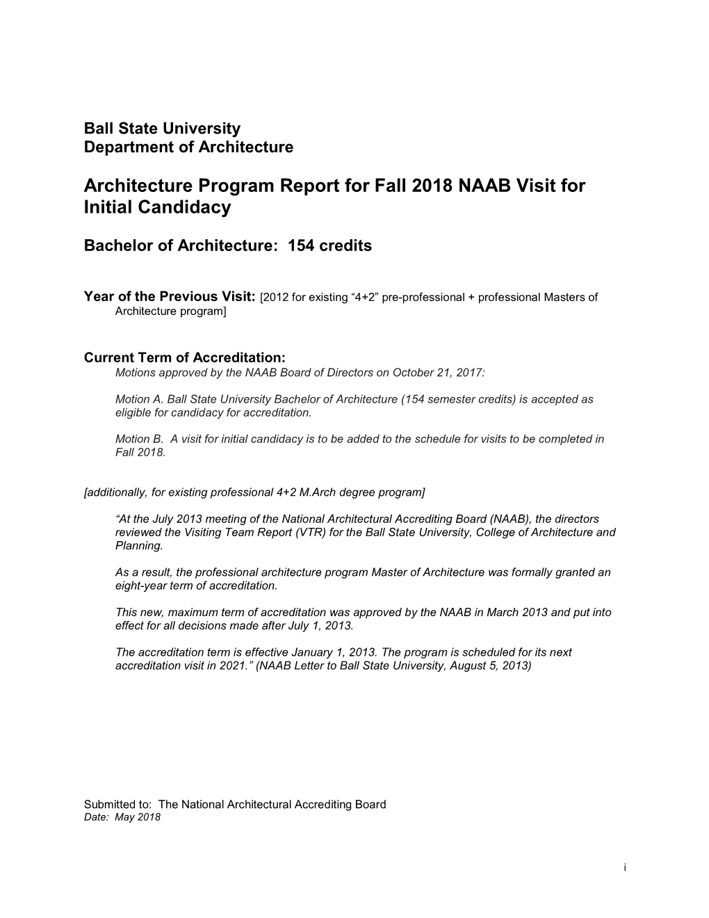 Architecture Program Report for Fall 2018 NAAB Visit for Initial Candidacy