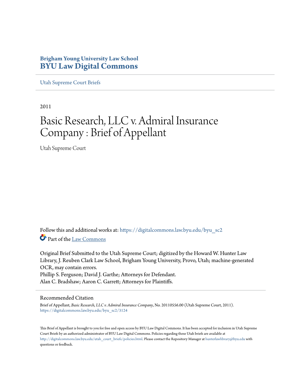 Basic Research, LLC V. Admiral Insurance Company : Brief of Appellant Utah Supreme Court