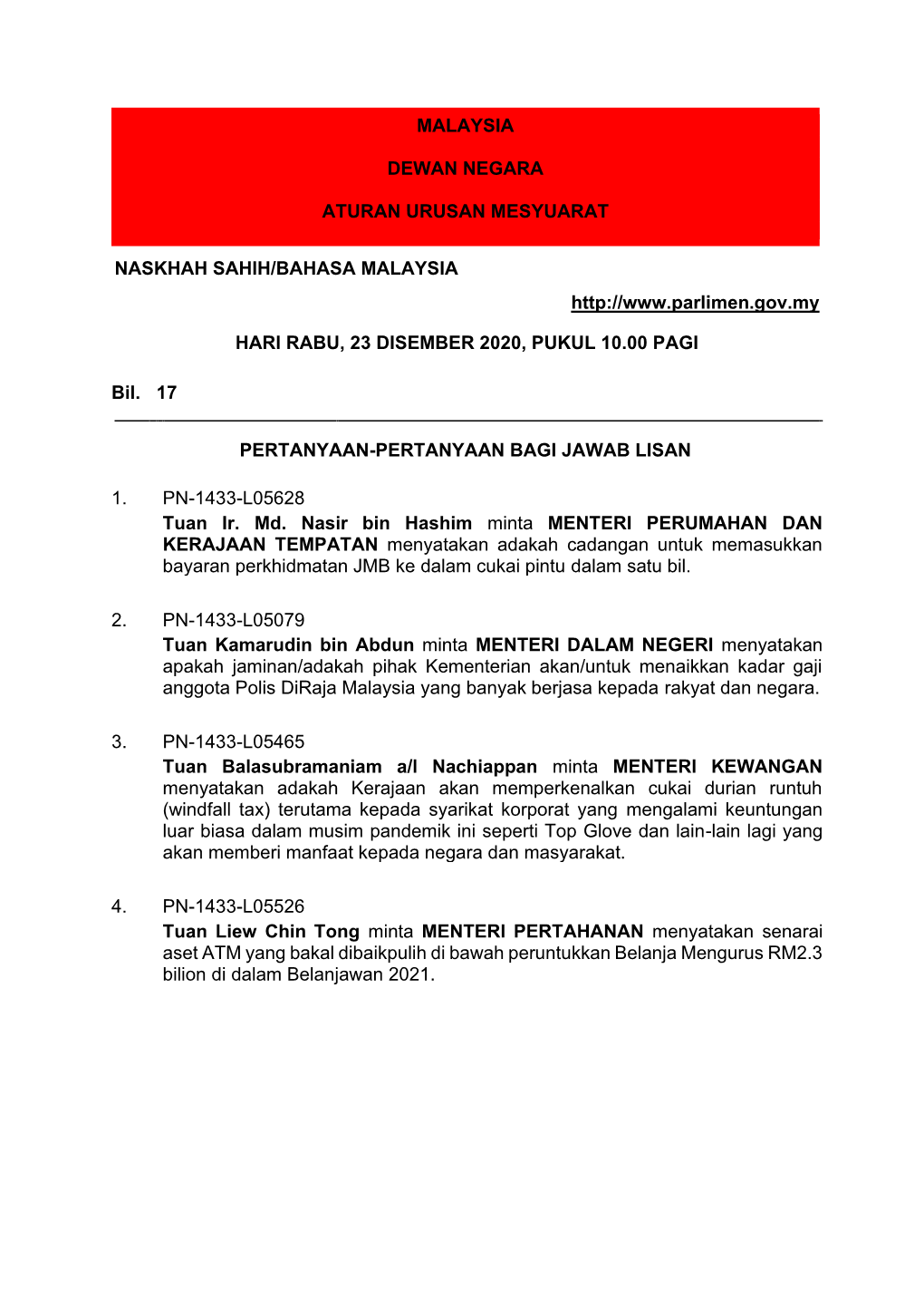 23 Disember 2020, Pukul 10.00 Pagi