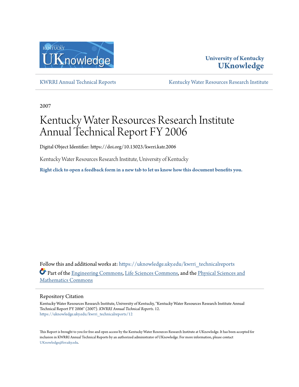 Kentucky Water Resources Research Institute Annual Technical Report FY 2006 Digital Object Identifier