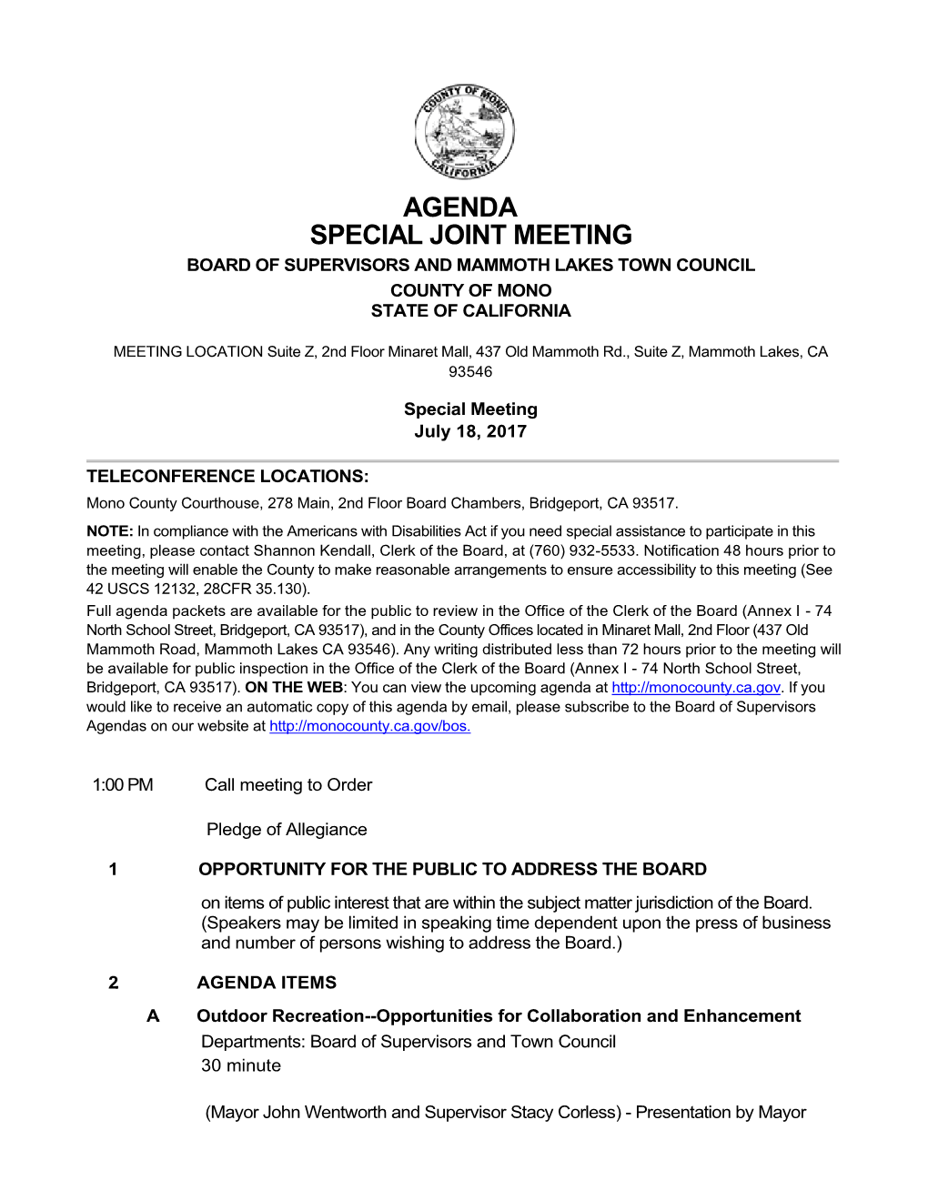 Agenda Special Joint Meeting Board of Supervisors and Mammoth Lakes Town Council County of Mono State of California