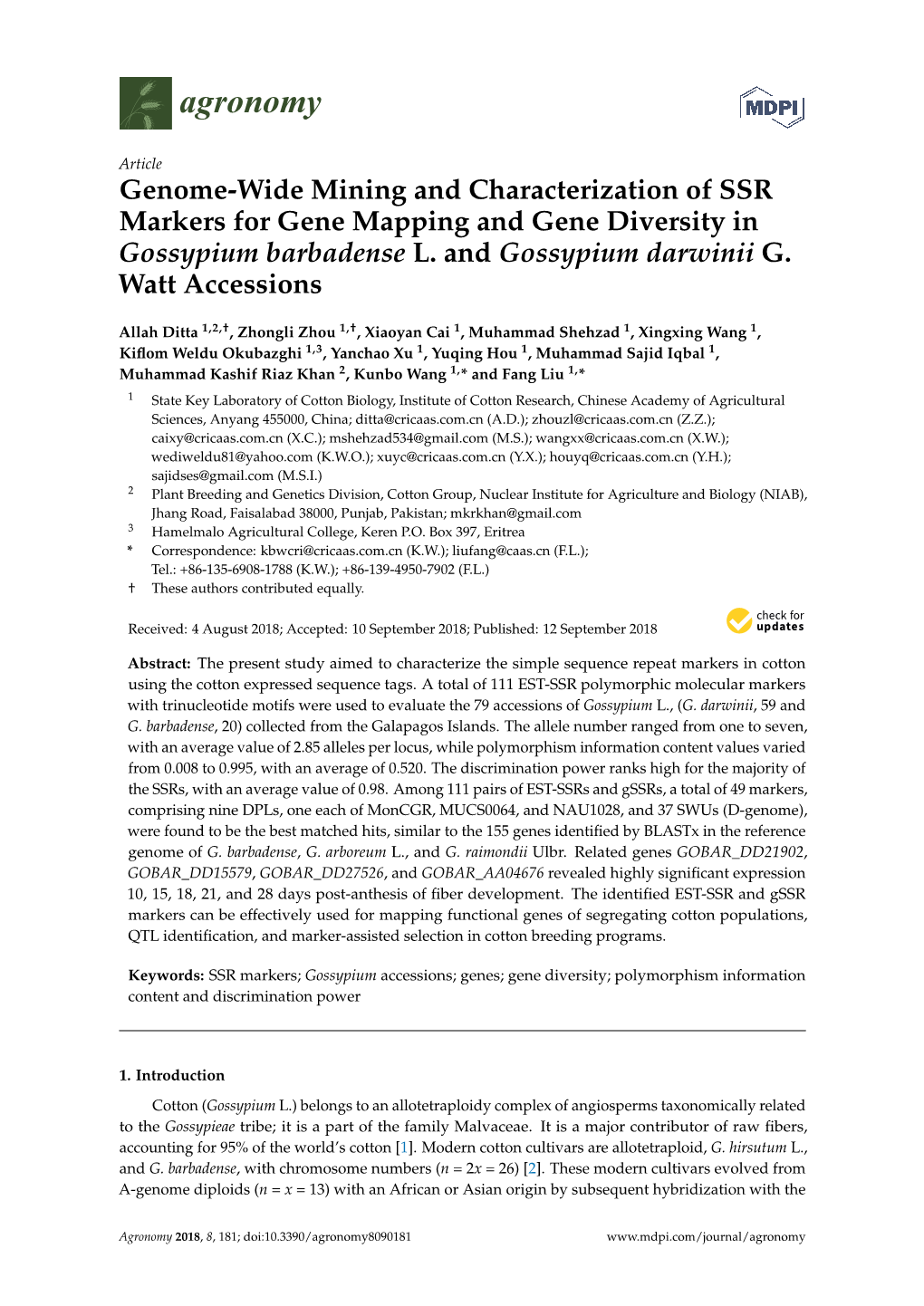 Genome-Wide Mining and Characterization of SSR Markers for Gene Mapping and Gene Diversity in Gossypium Barbadense L
