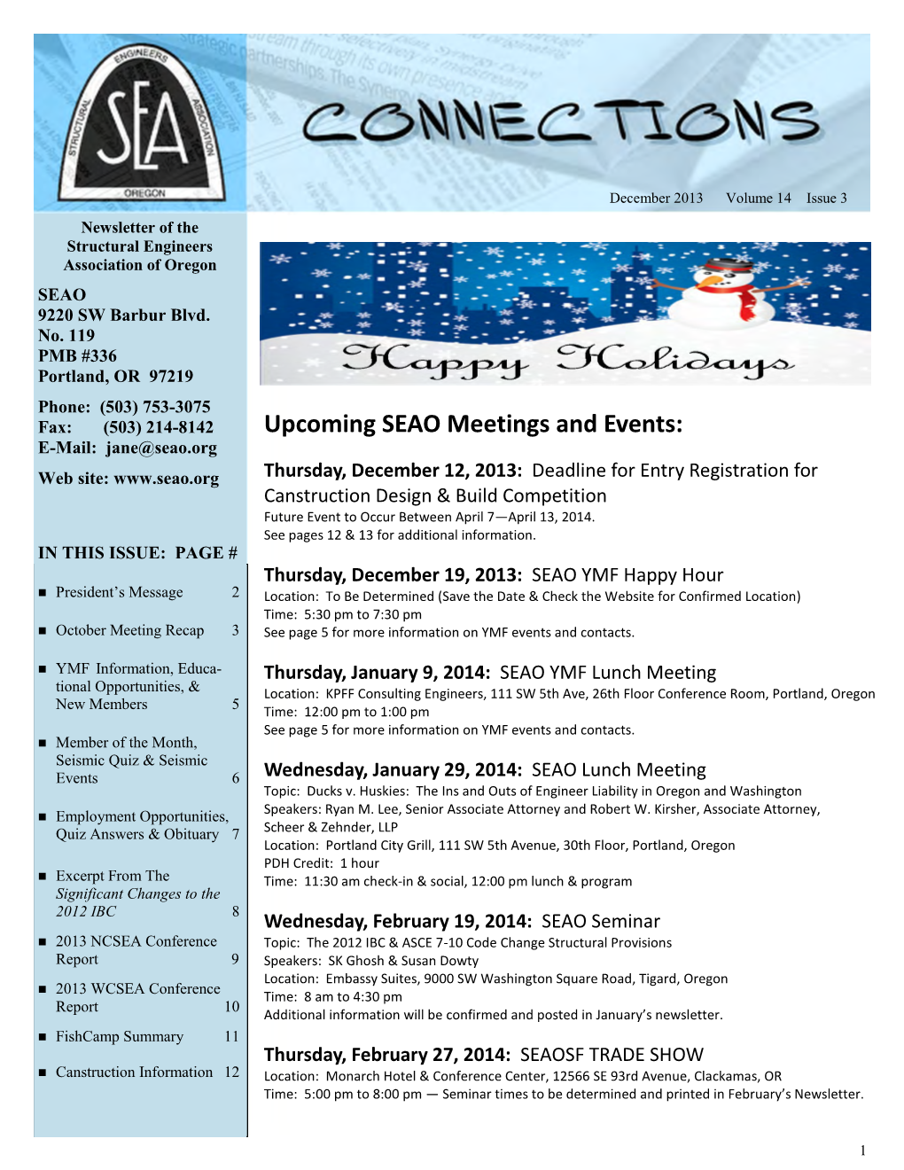 Upcoming SEAO Meetings and Events: E-Mail: Jane@Seao.Org