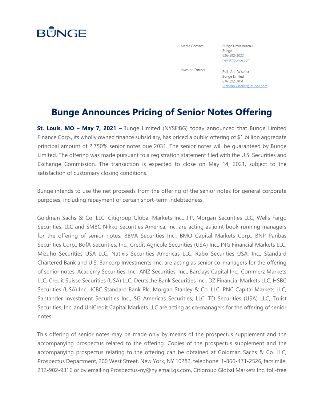 Bunge Announces Pricing of Senior Notes Offering
