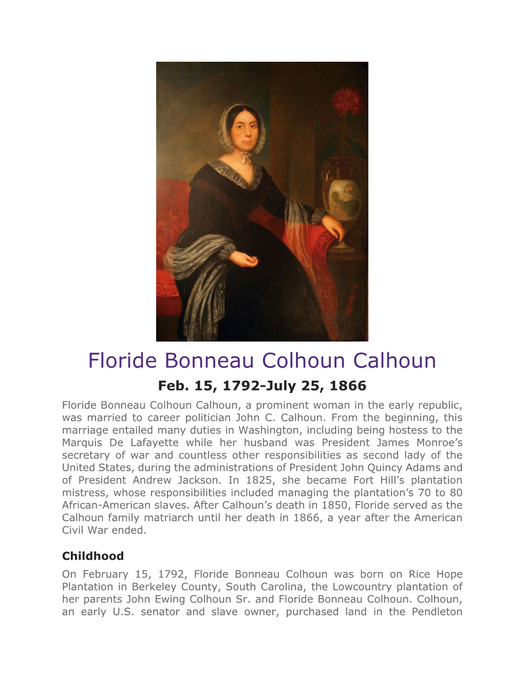 Floride Bonneau Colhoun Calhoun Feb