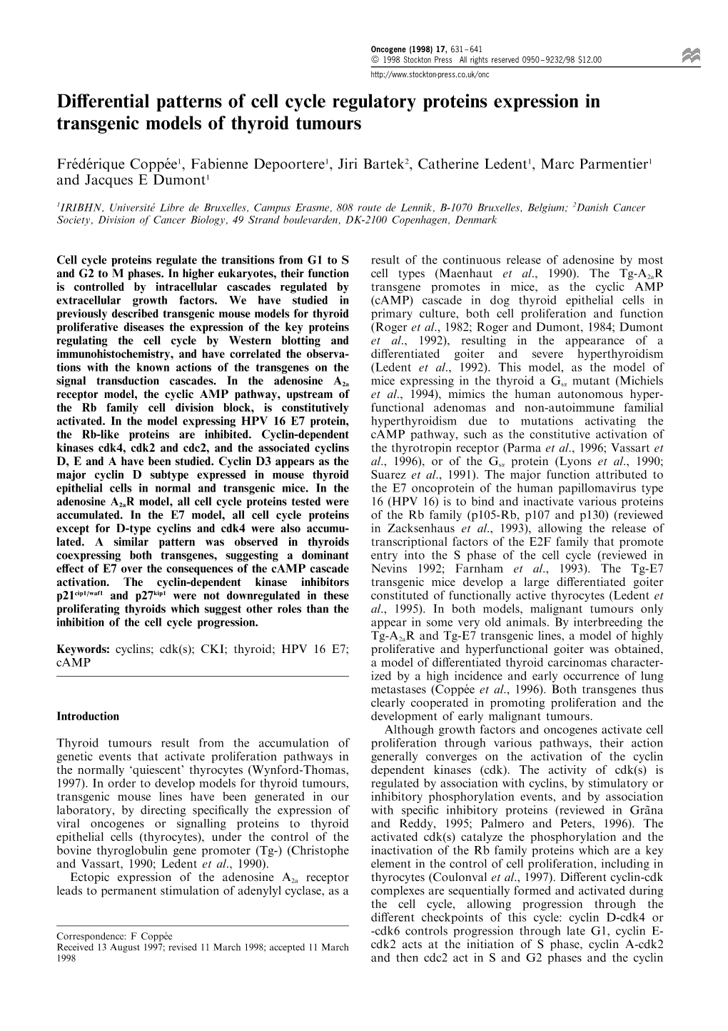 Di€Erential Patterns of Cell Cycle Regulatory Proteins Expression in Transgenic Models of Thyroid Tumours