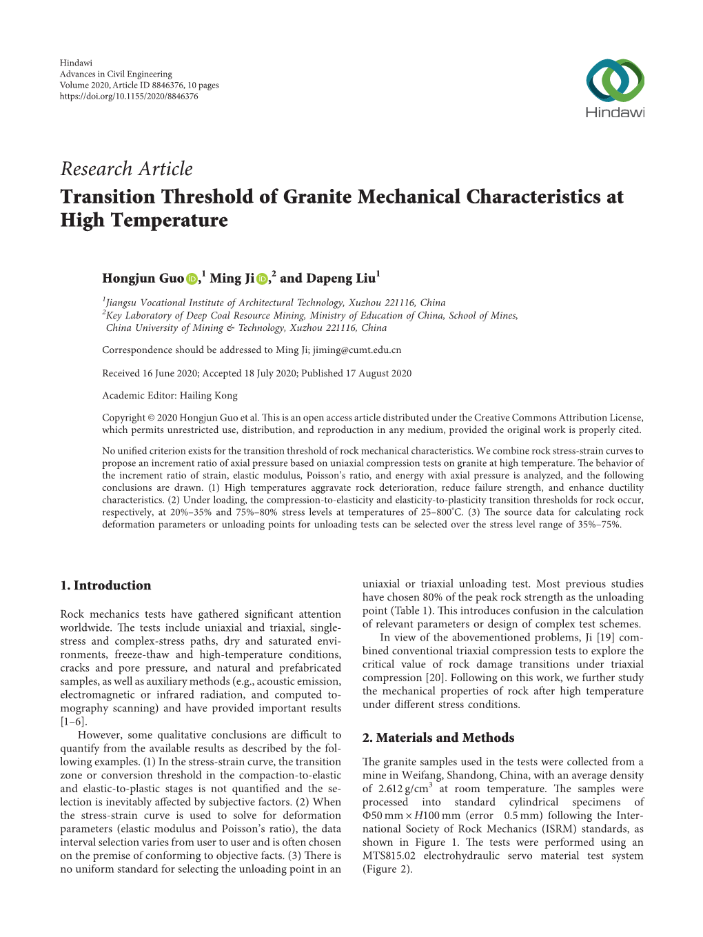 Transition Threshold of Granite Mechanical Characteristics at High Temperature