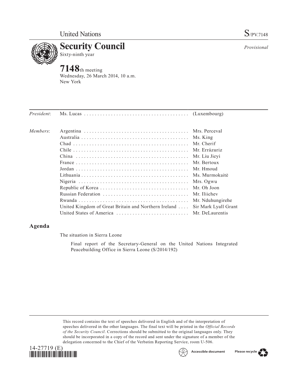 Security Council Provisional Asdfsixty-Ninth Year 7148 Th Meeting Wednesday, 26 March 2014, 10 A.M