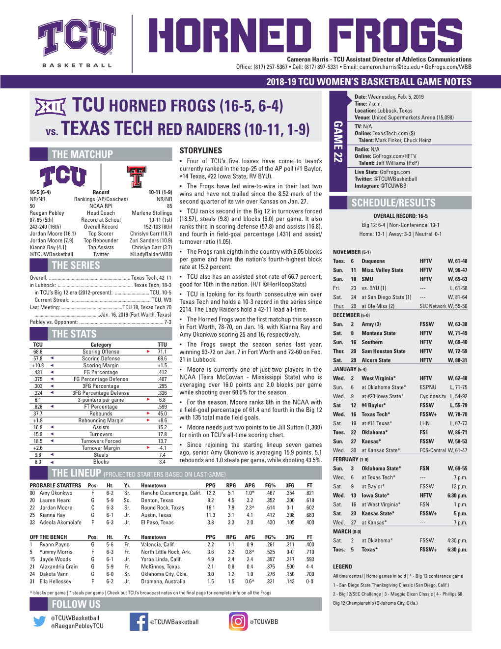 TCUHORNED FROGS (16-5, 6-4) Vs. TEXAS TECH RED RAIDERS