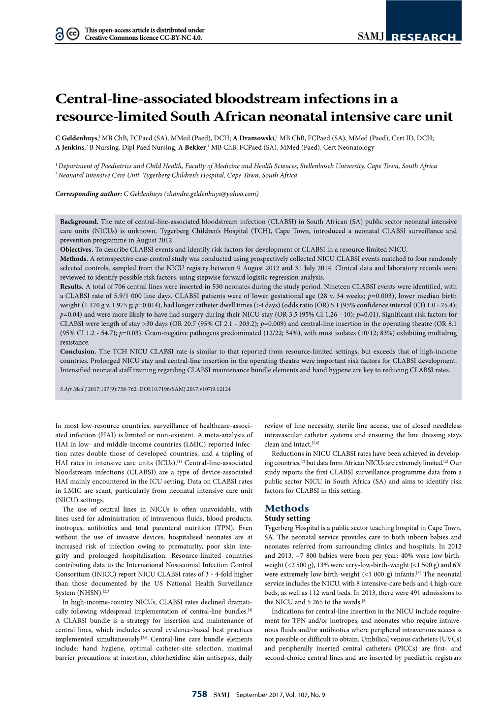 Central-Line-Associated Bloodstream Infections in a Resource-Limited South African Neonatal Intensive Care Unit