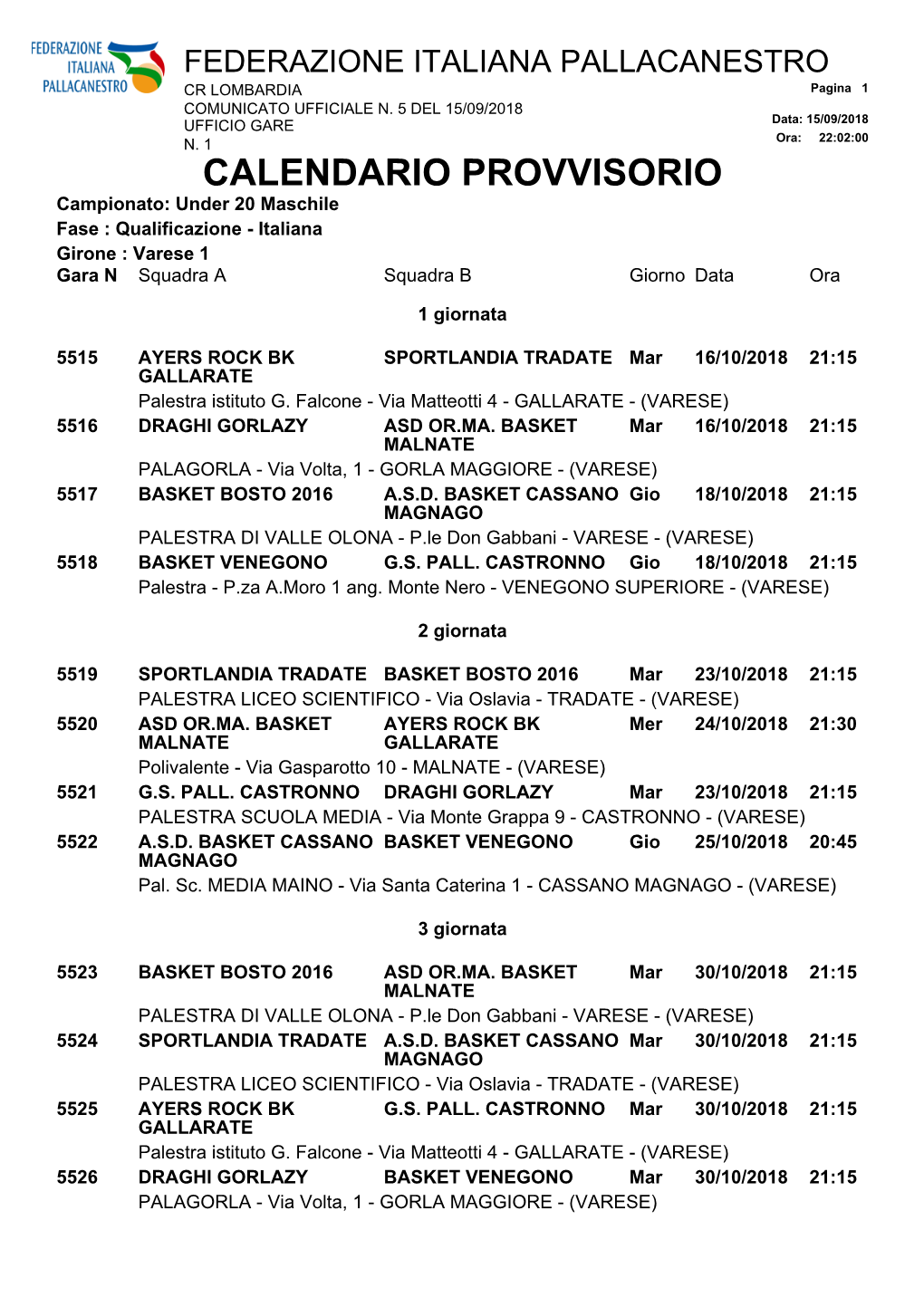 CALENDARIO PROVVISORIO Campionato: Under 20 Maschile Fase : Qualificazione - Italiana Girone : Varese 1 Gara N Squadra a Squadra B Giorno Data Ora