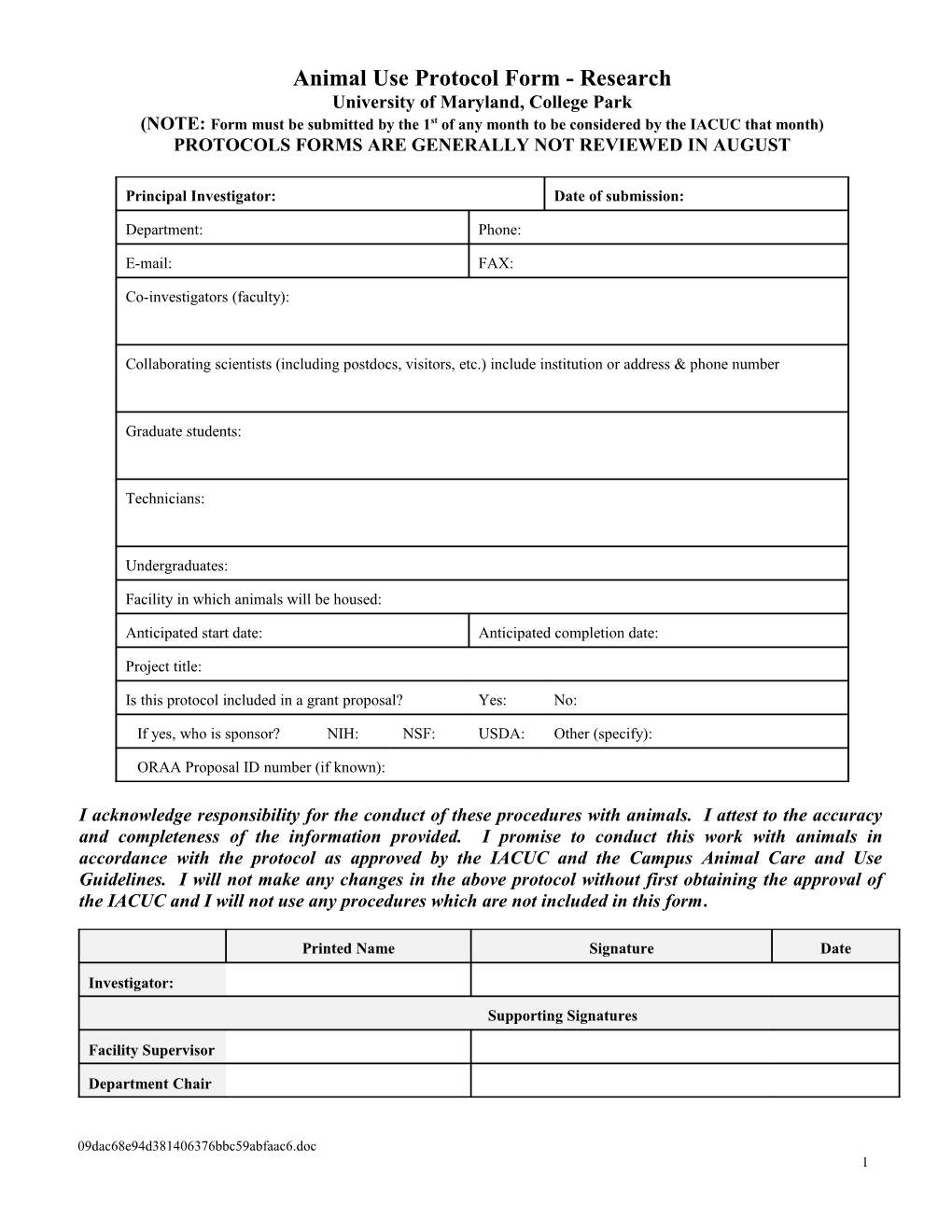 Animal Use Protocol Form - Research