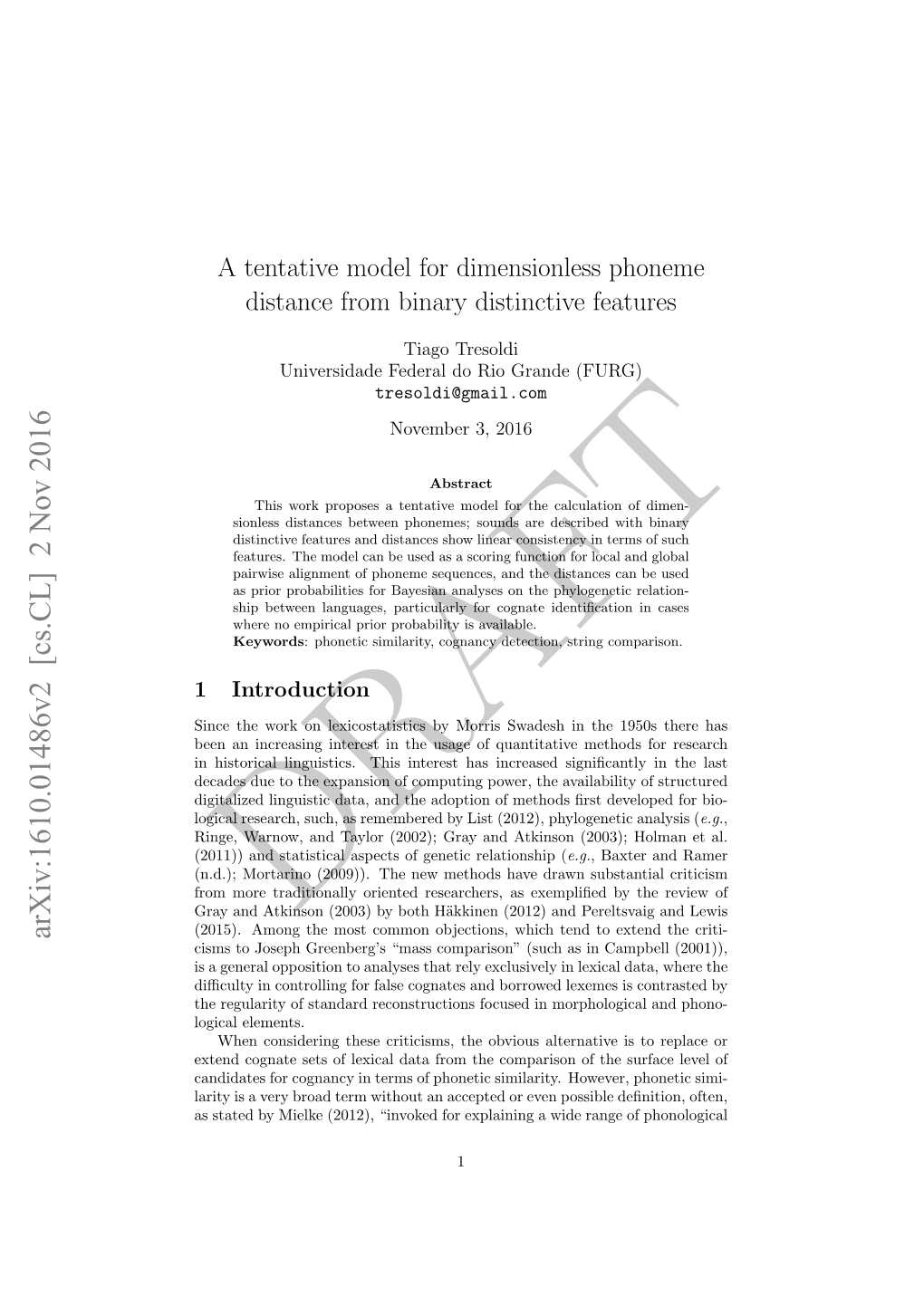 A Tentative Model for Dimensionless Phoneme Distance from Binary Distinctive Features